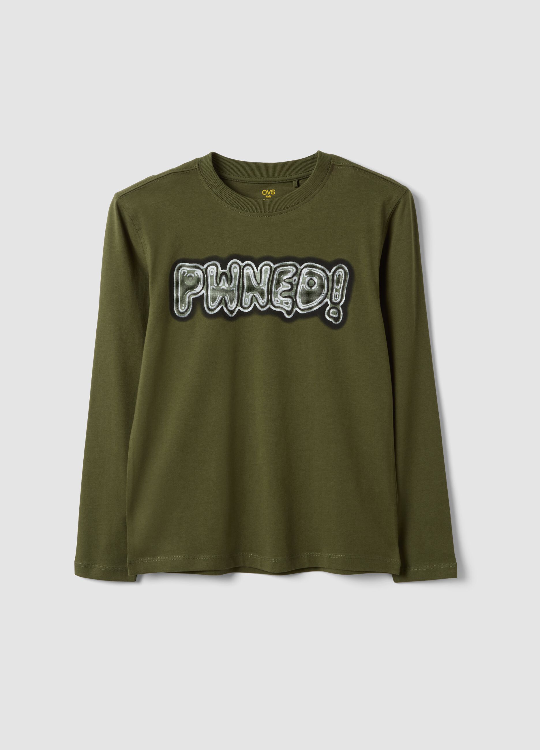 T-shirt verde in puro cotone organico con scritta per ragazzo