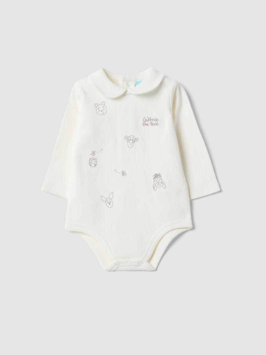 Body bianco in puro cotone organico con colletto e fantasia Winnie The Pooh_0