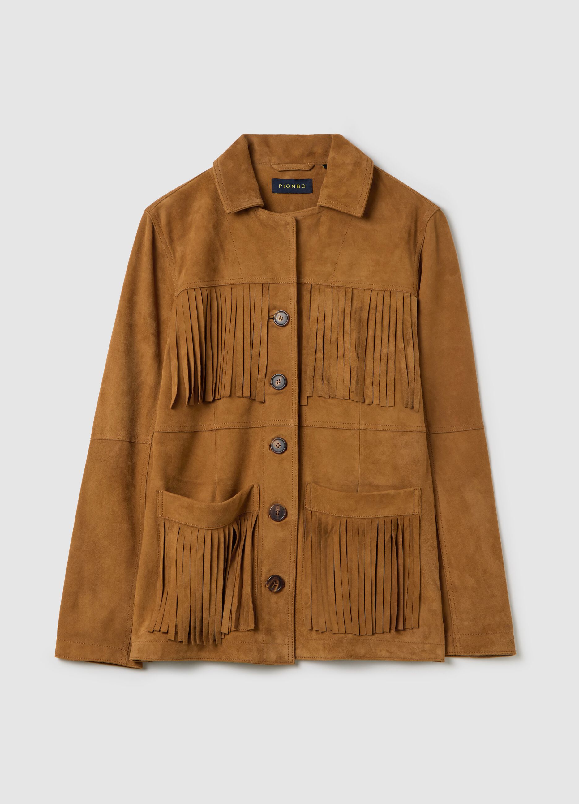 Giacca sahariana cammello in vera pelle con frange