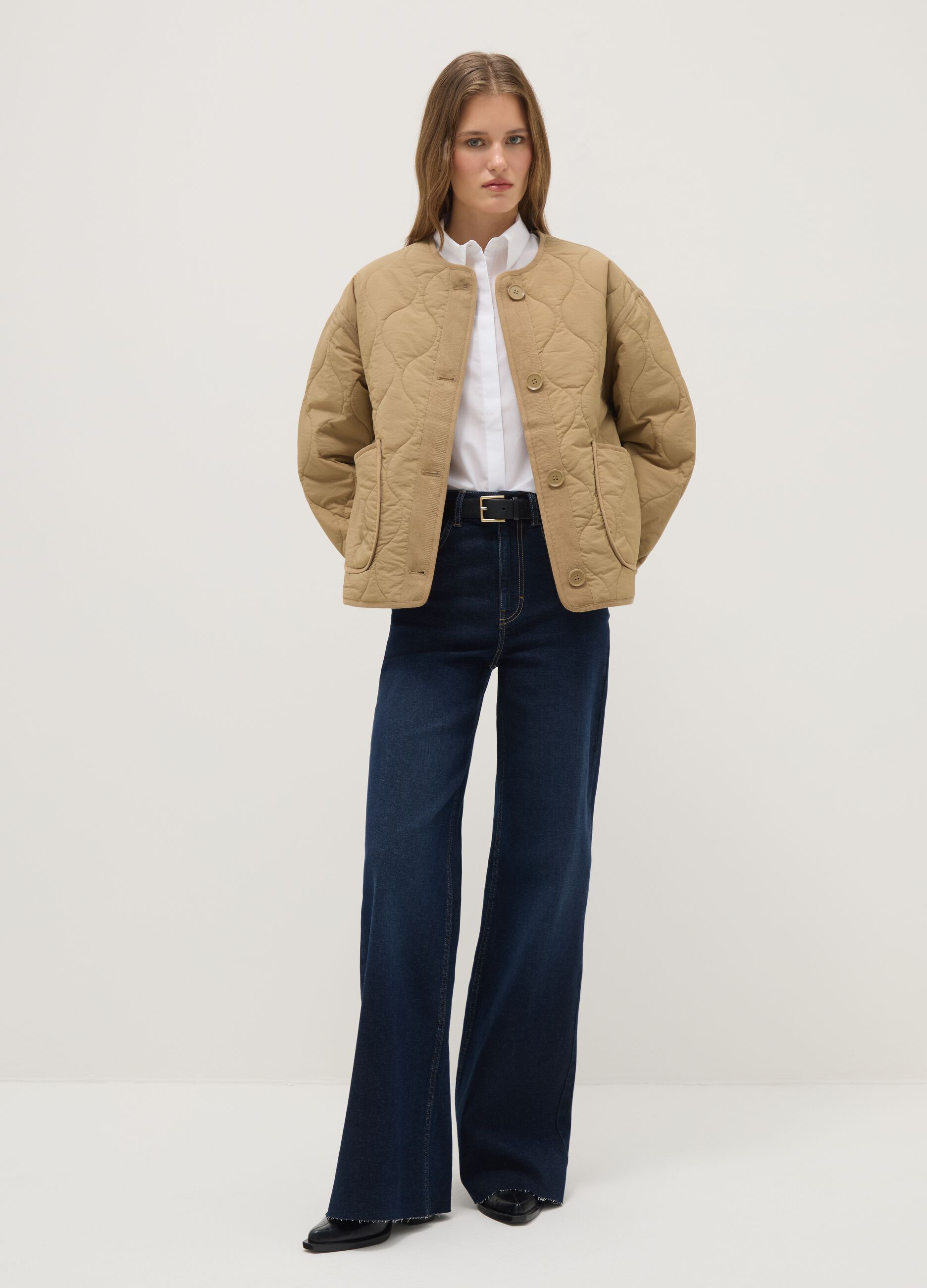 Beige padded regular fit jacket with buttons