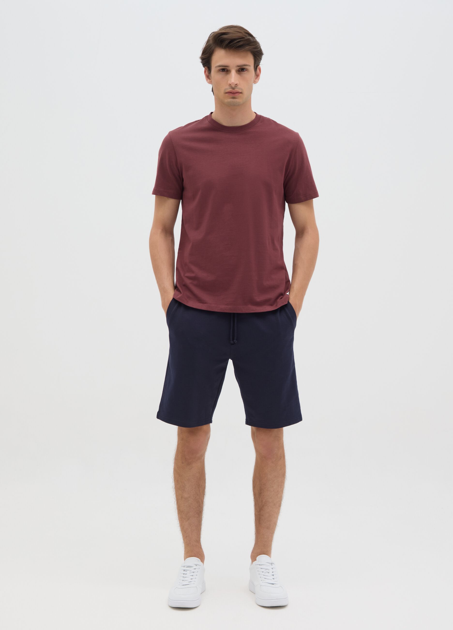 Men's blue cotton blend shorts, regular fit with back pocket