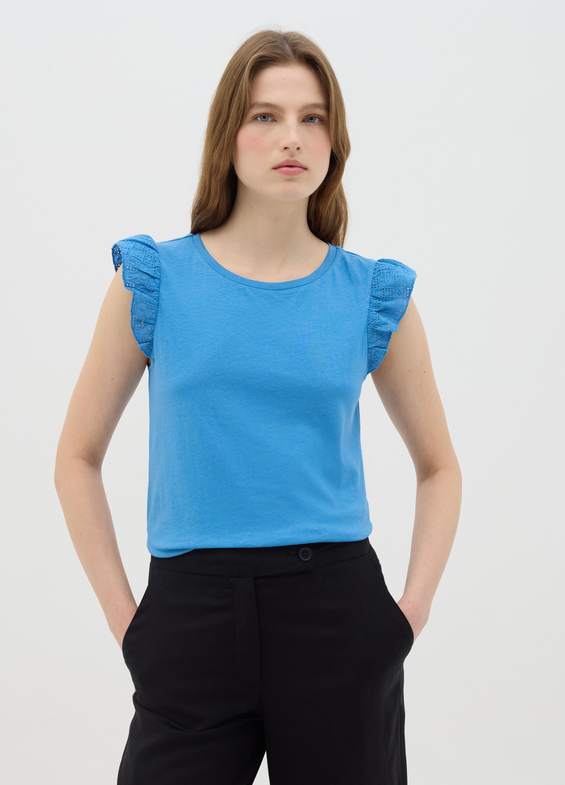 Azure cotton top with lace shoulder straps