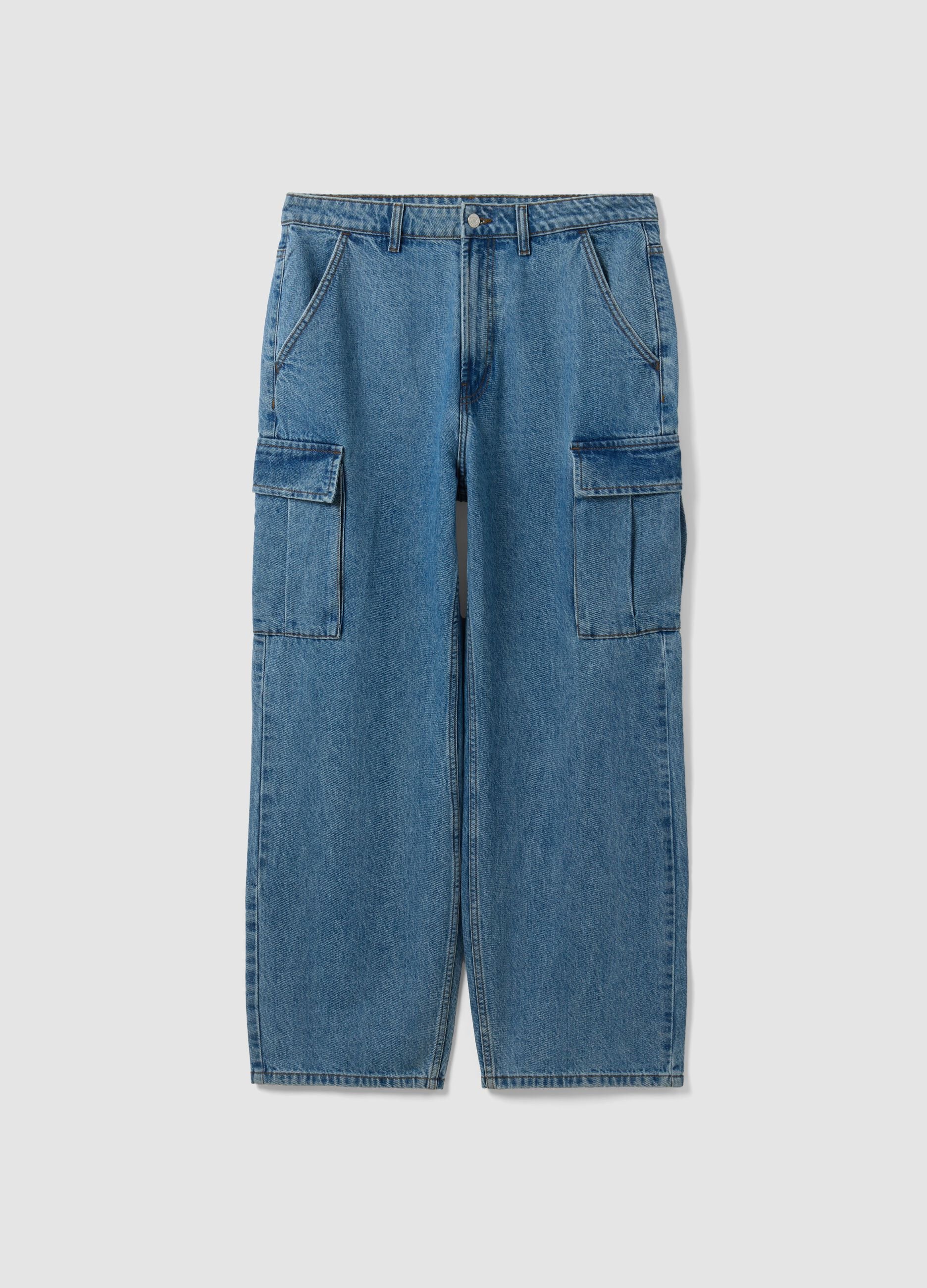 Blue pure cotton wide-leg cargo jeans