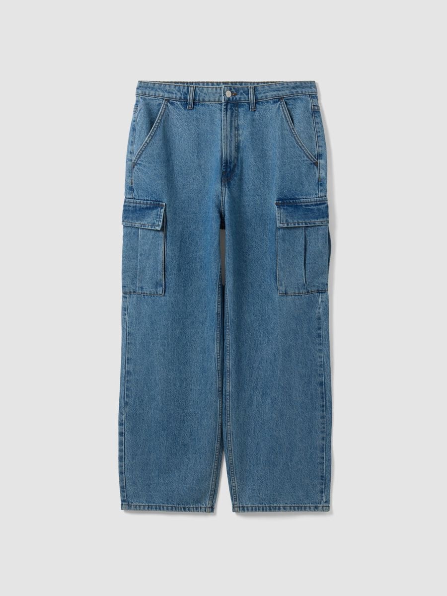 Jeans cargo blu in puro cotone wide leg_0