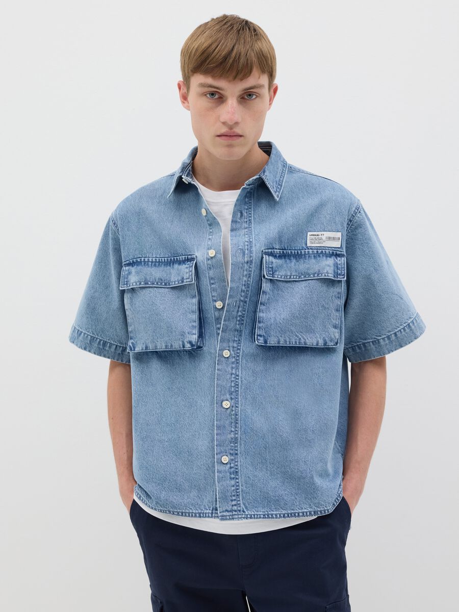 Short-sleeved denim shirt_0