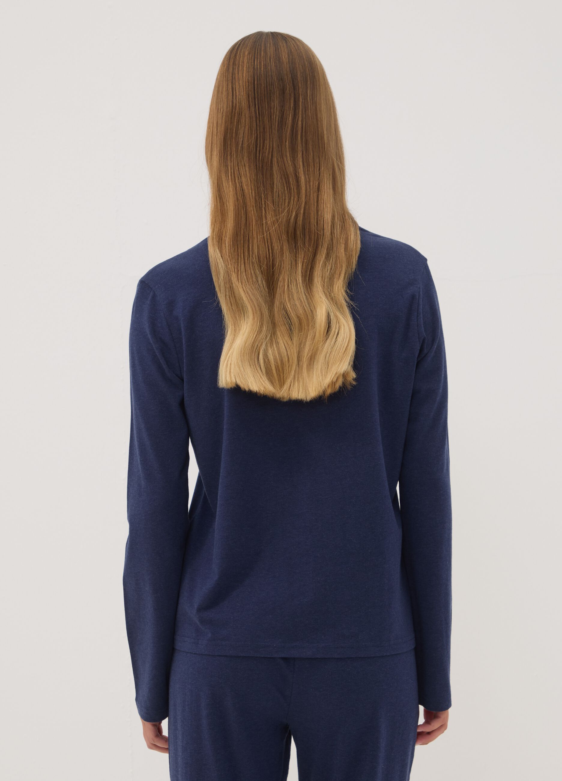 Maglia pigiama blu con scollo a V in cotone, lyocell e lana elasticizzata