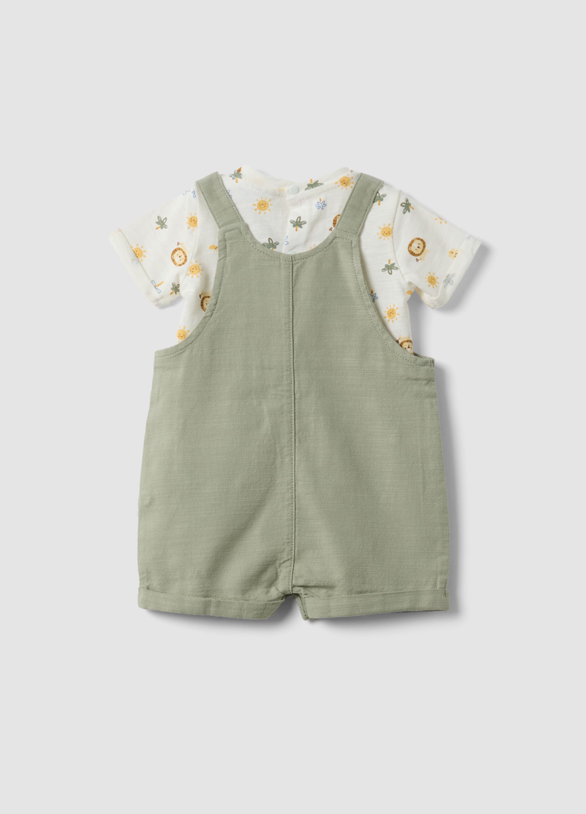 Green pure cotton set with short dungarees and printed T-shirt for babies