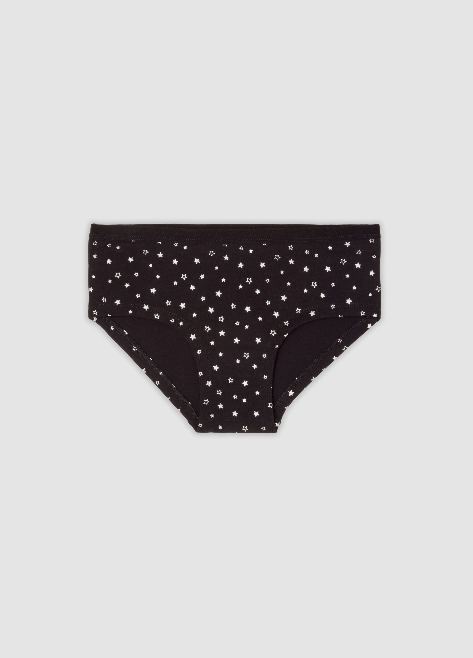 Black stretch organic cotton girls&rsquo; briefs with star print
