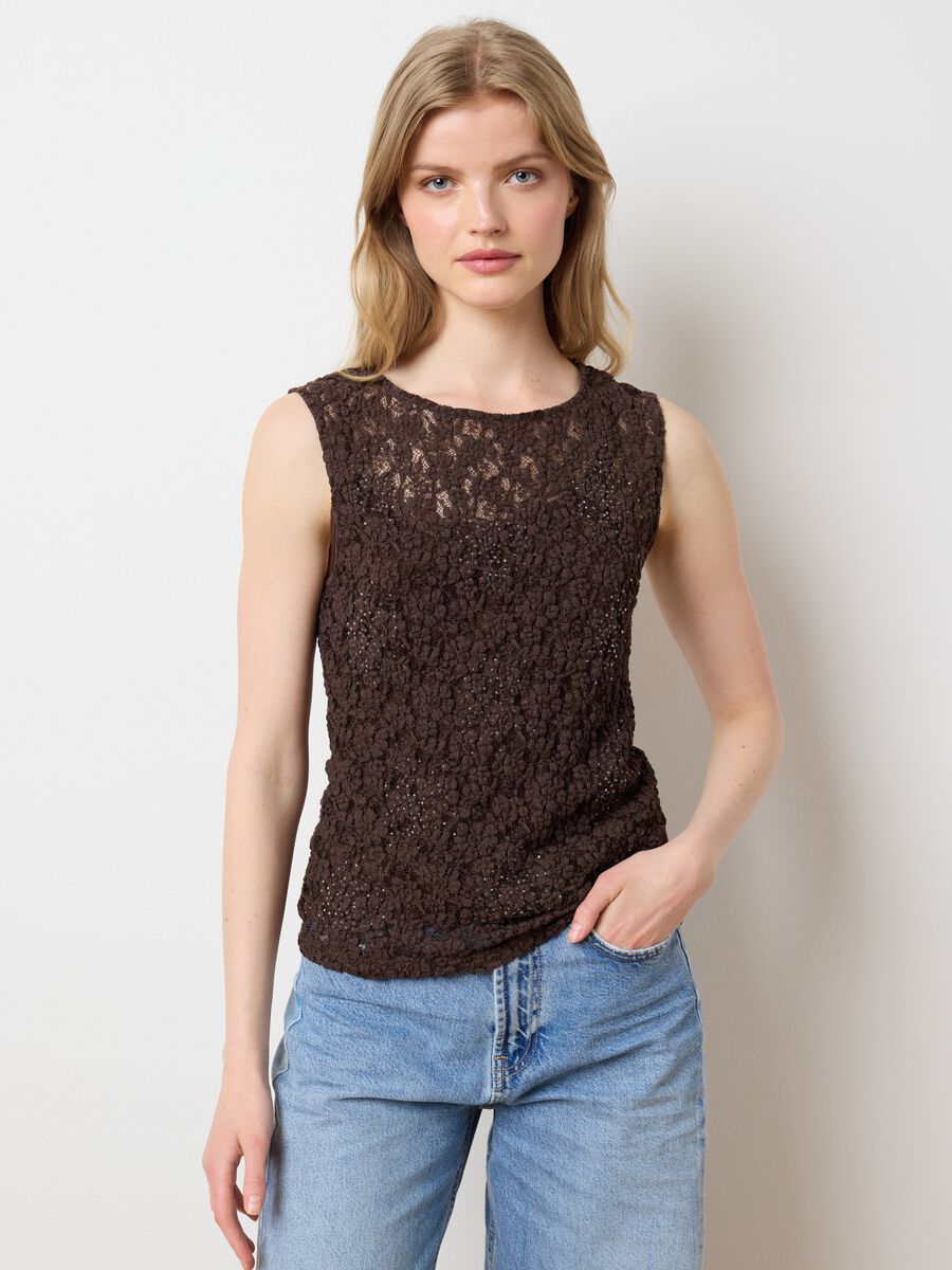 Women's sleeveless brown cotton blend fitted top_1