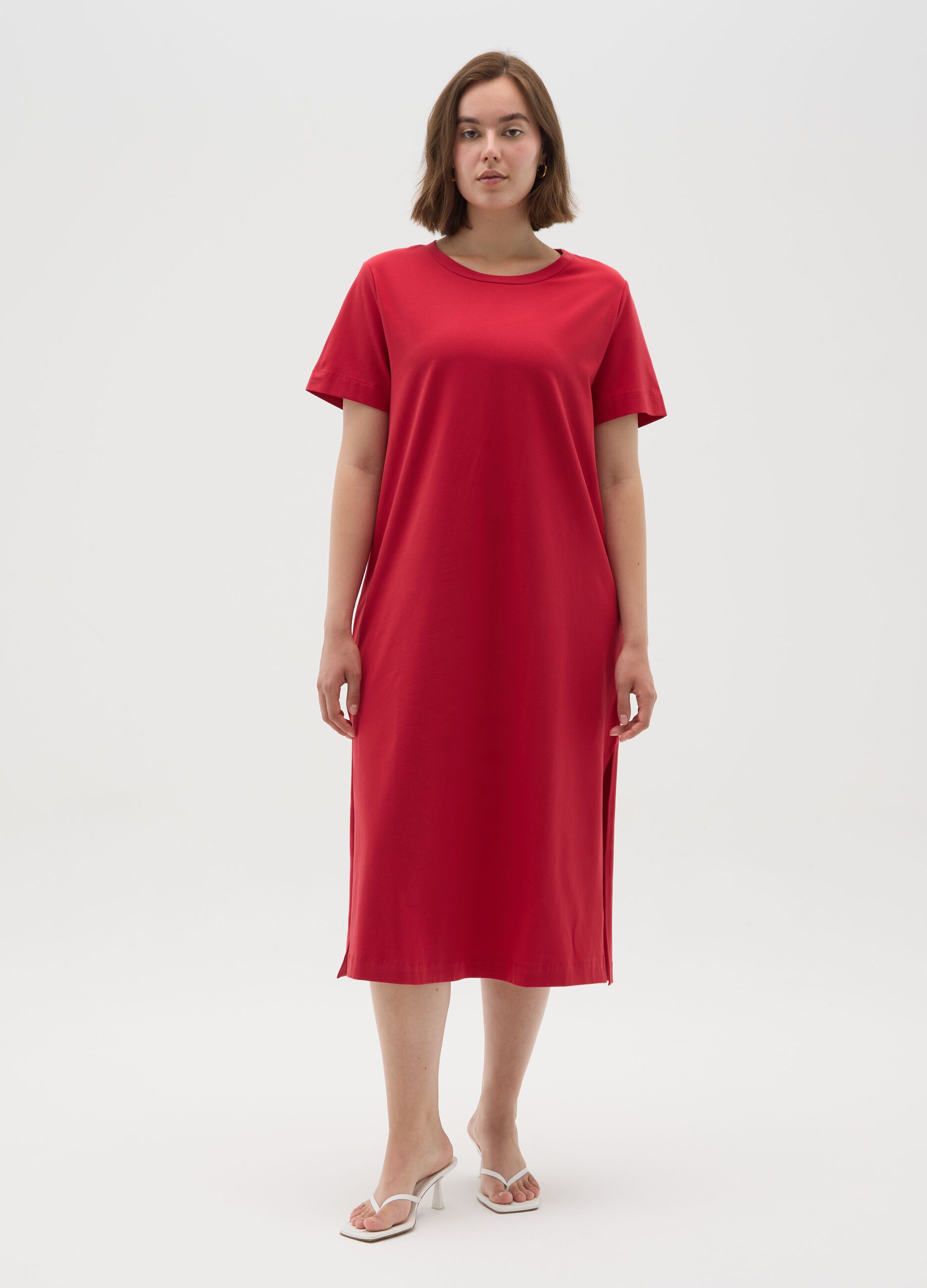 Women's long red cotton dress with regular fit