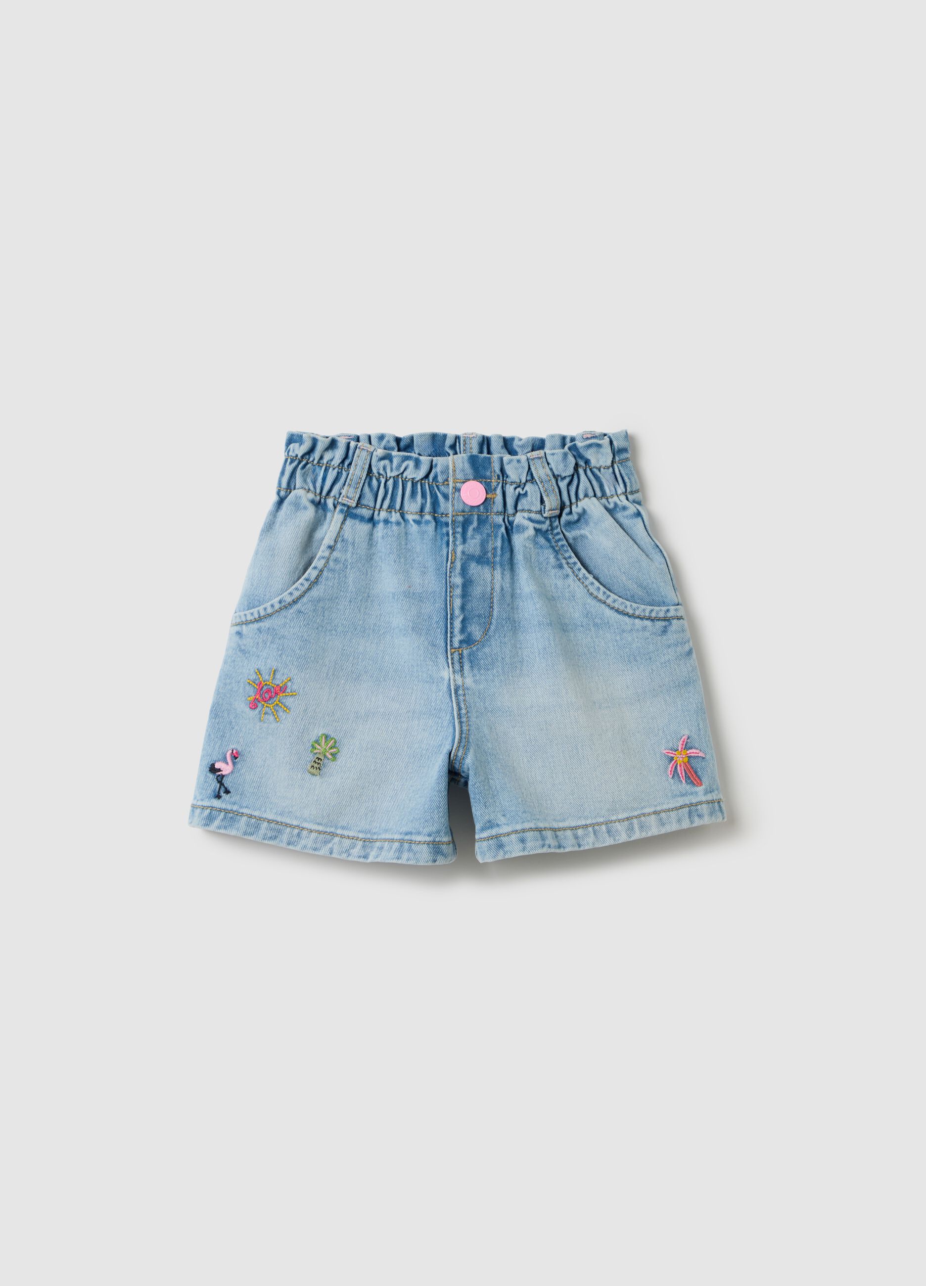 Denim shorts with tropical embroidery