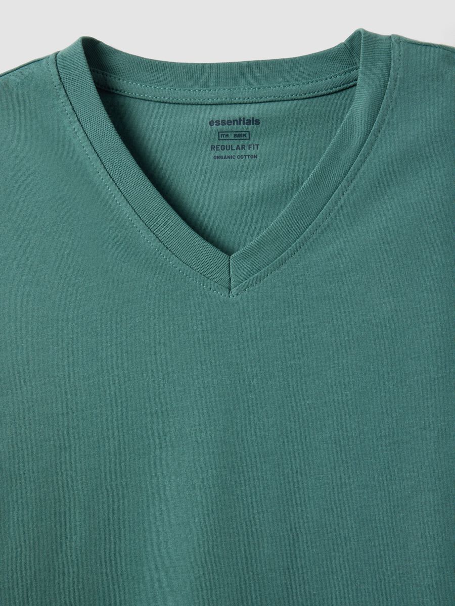 Green pure cotton V-neck regular fit T-shirt_5
