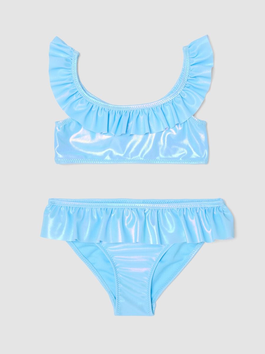 Bikini azzurro in tessuto elasticizzato con volant_0