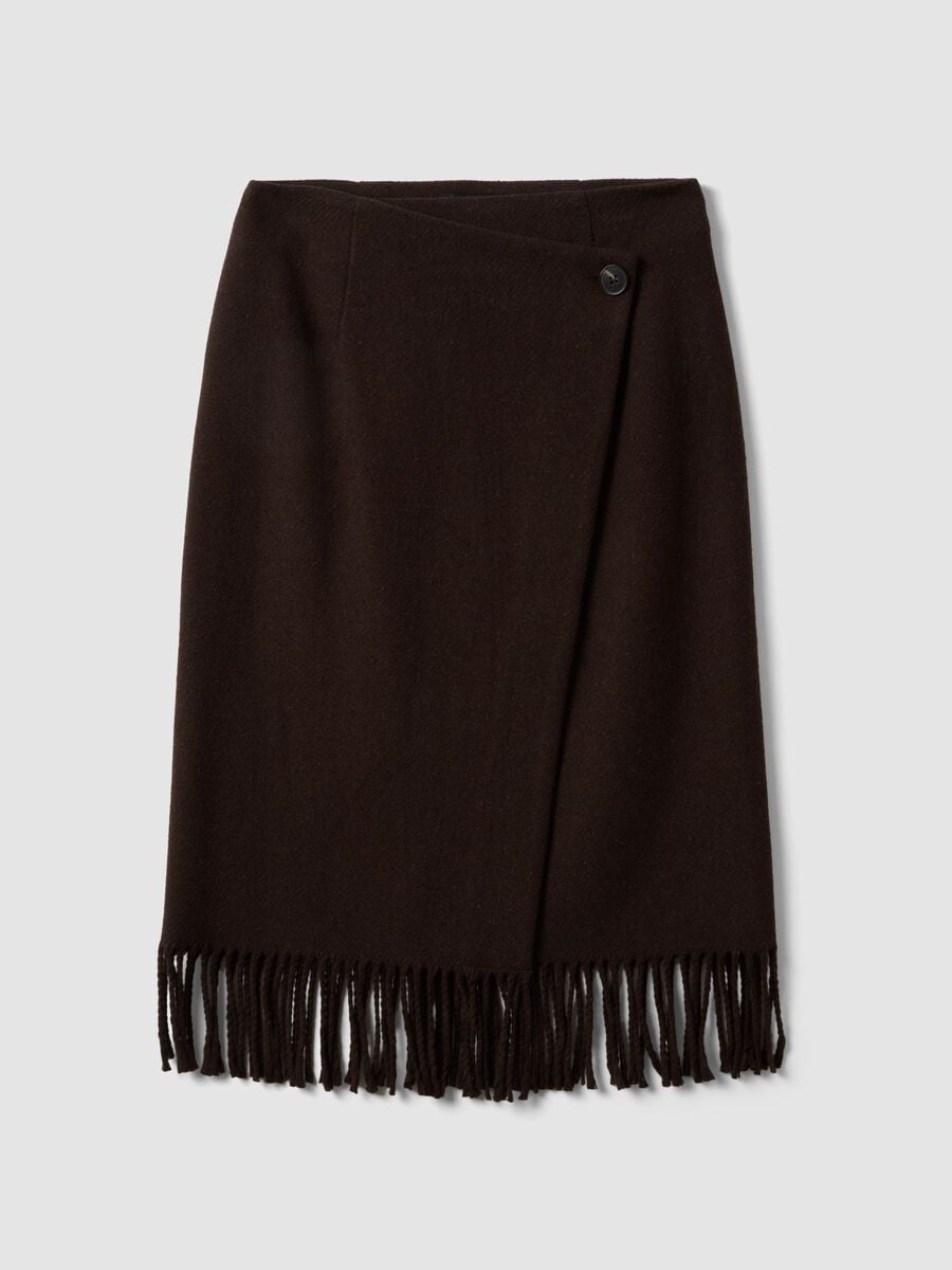 Brown viscose-wool blend skirt with fringed hem_4
