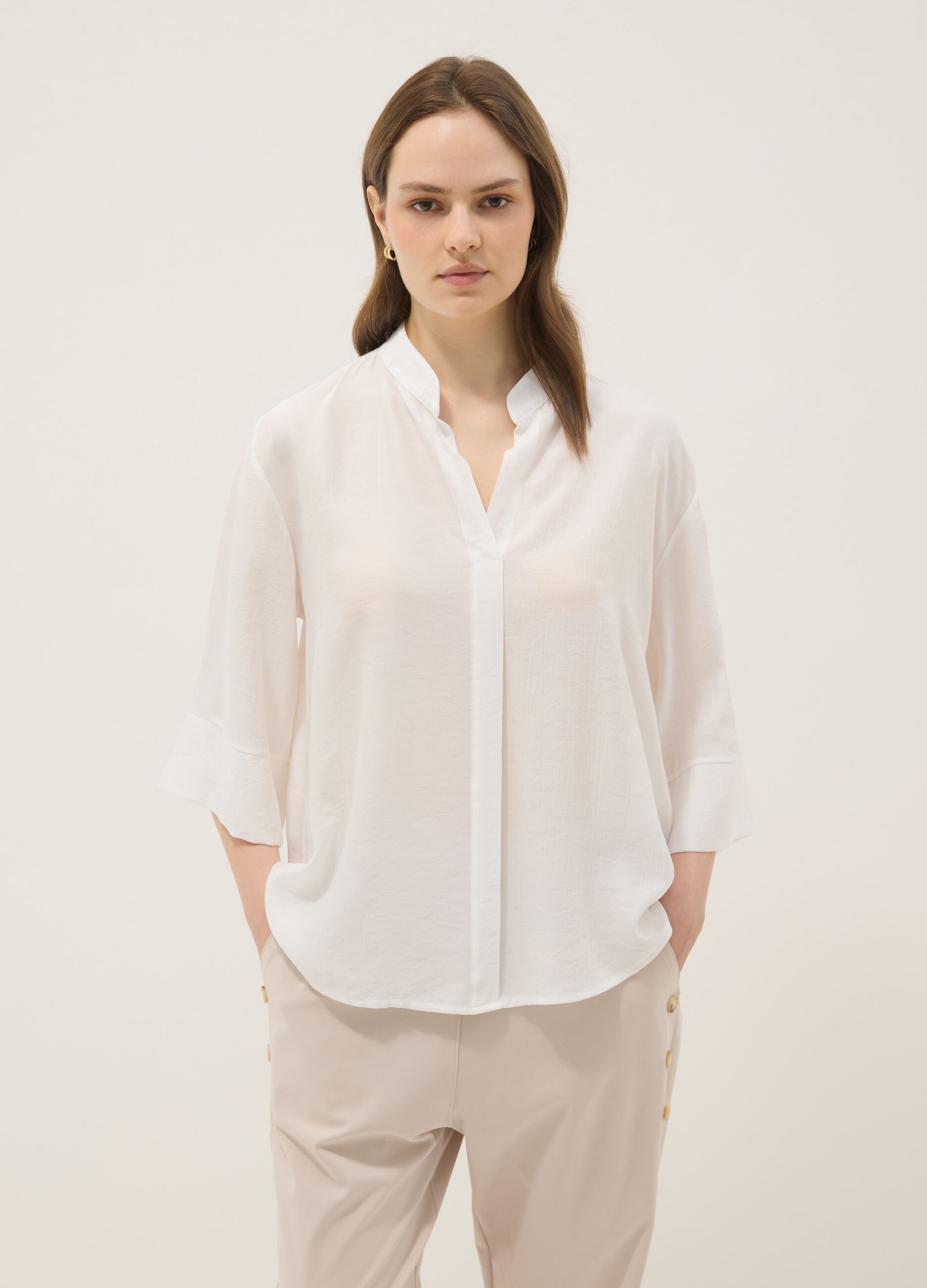 White viscose-blend blouse, regular fit, with Mandarin collar
