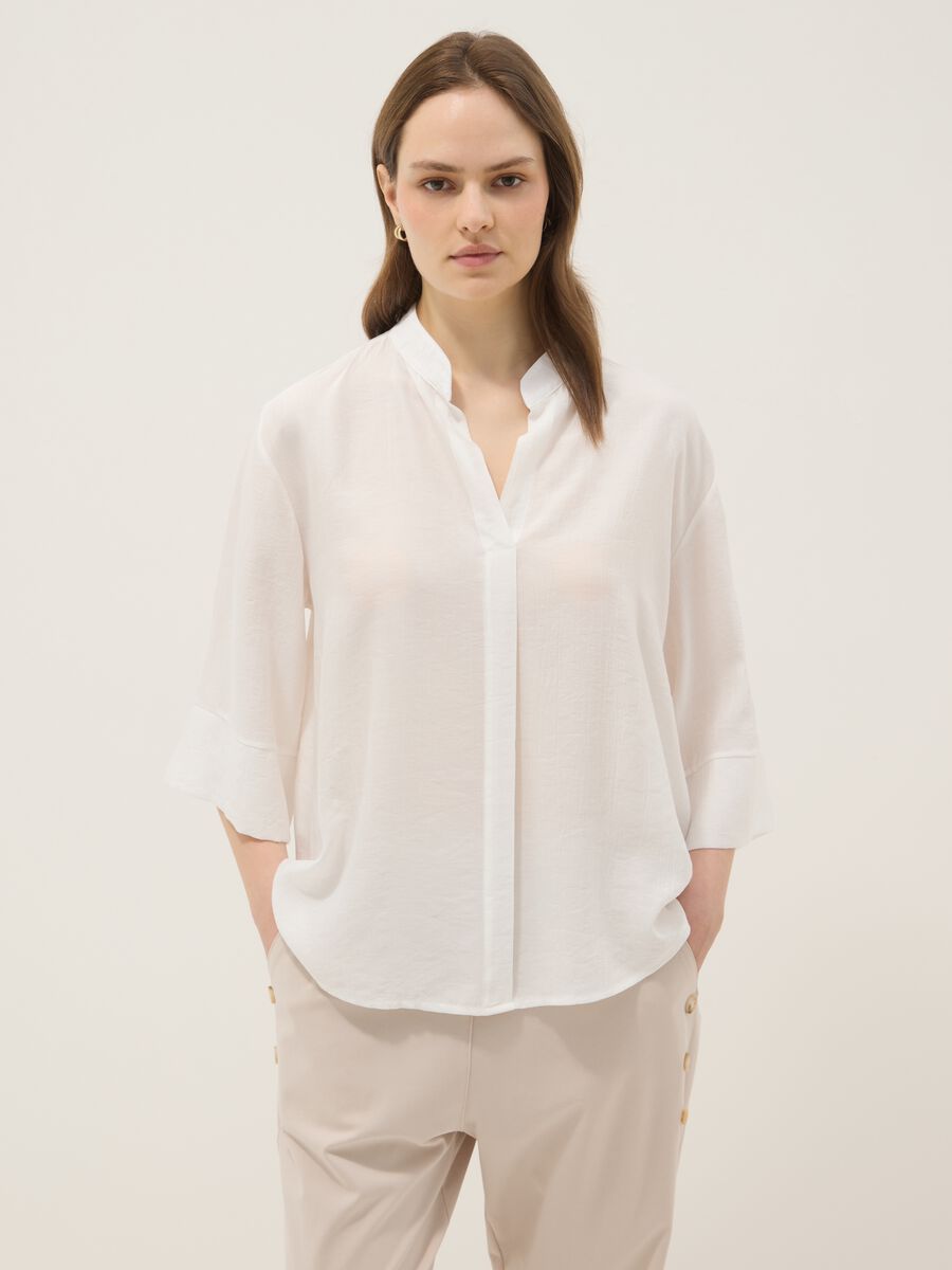 White viscose-blend blouse, regular fit, with Mandarin collar_0