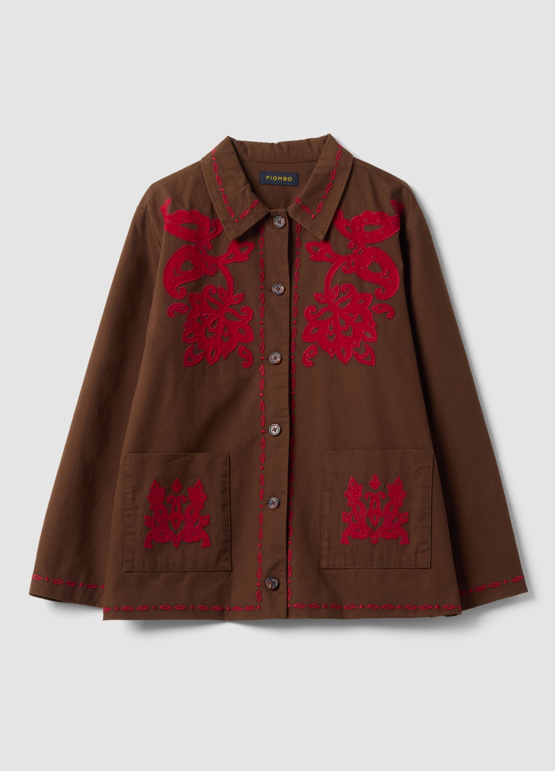 Brown pure cotton shacket with contrasting embroidery, regular fit