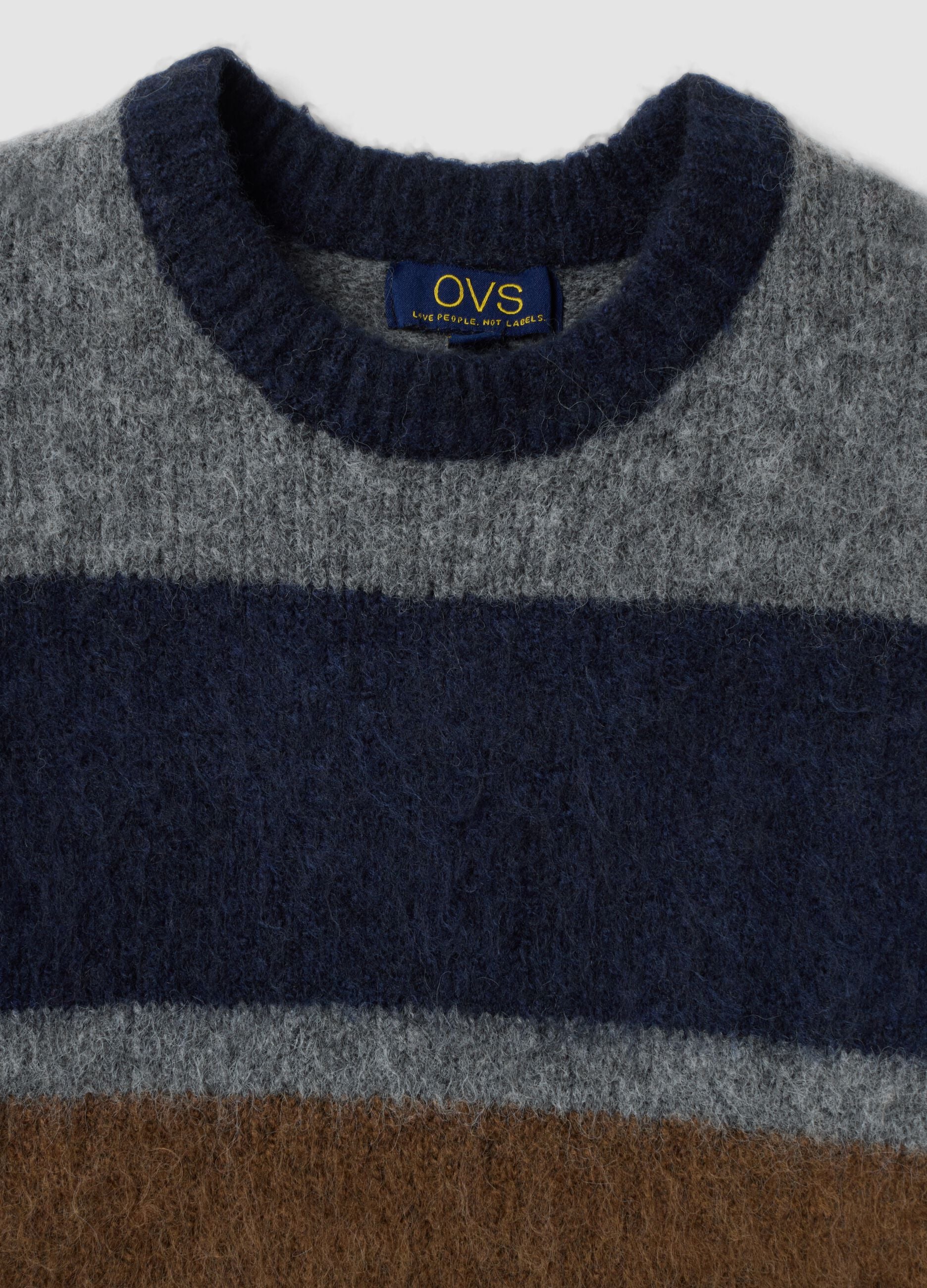Grey striped stretch wool crew-neck jumper, regular fit