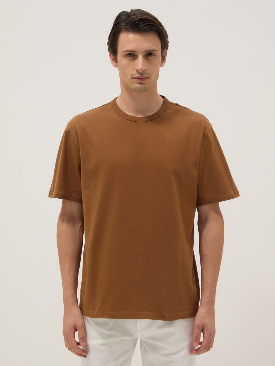Relaxed fit brown cotton crew neck t-shirt_0