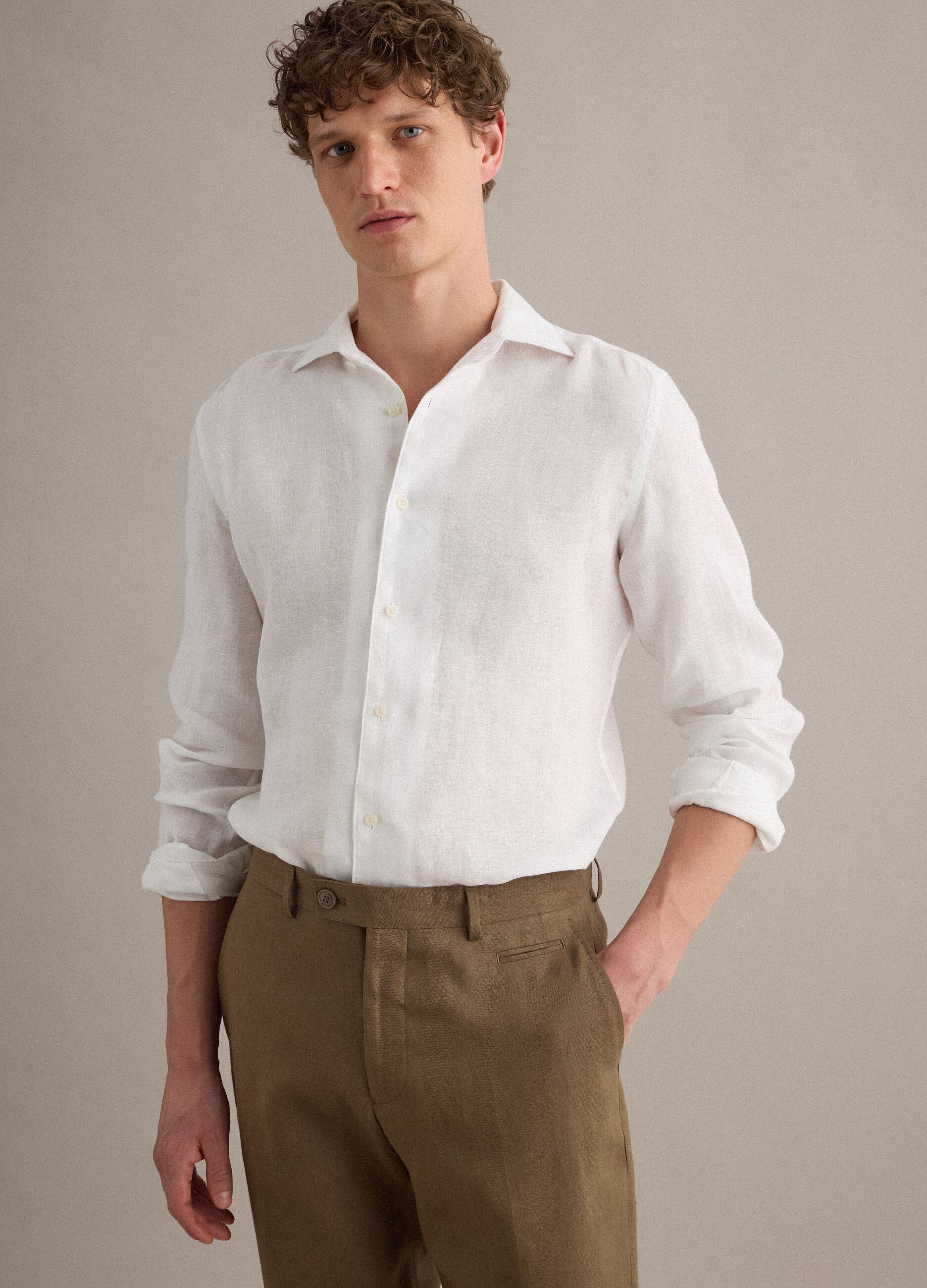 White pure linen long-sleeve slim fit shirt