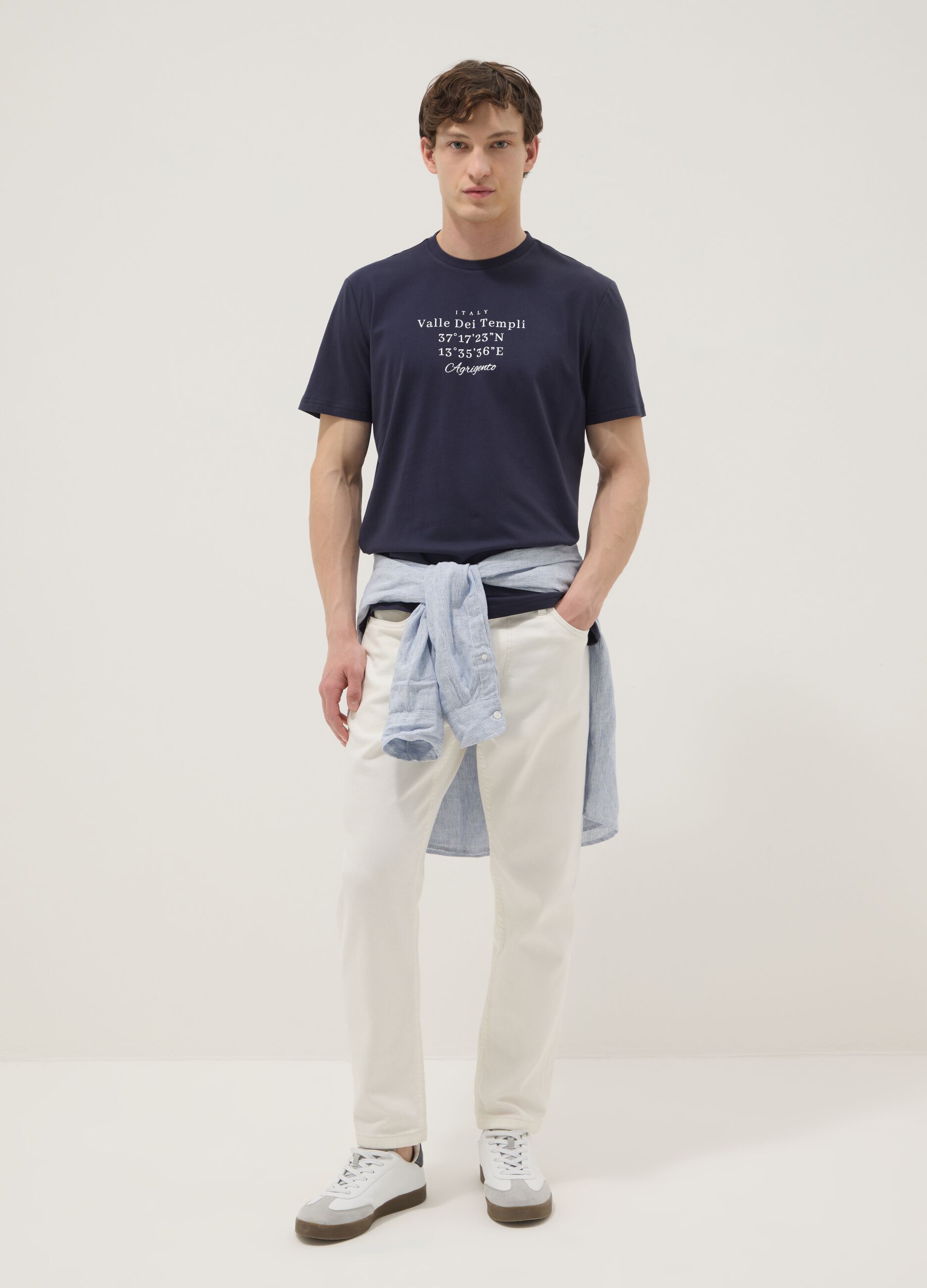 Blue short-sleeve pure cotton T-shirt, regular fit