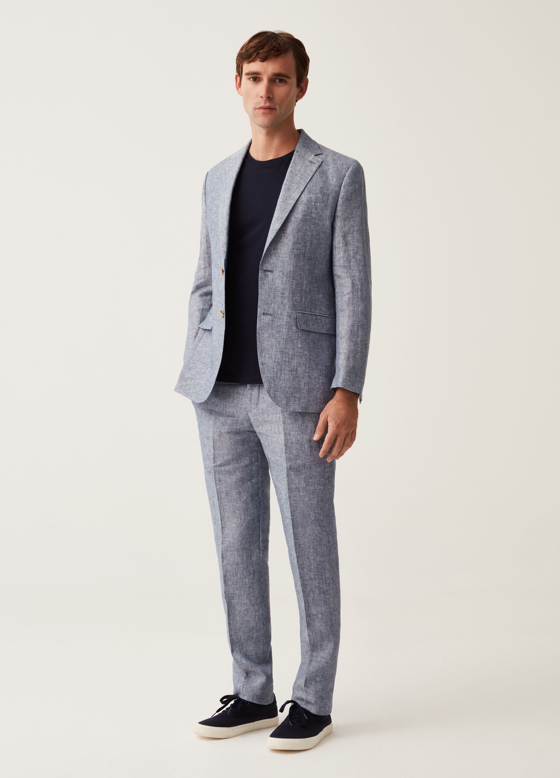 Slim-fit trousers in blue linen chambray