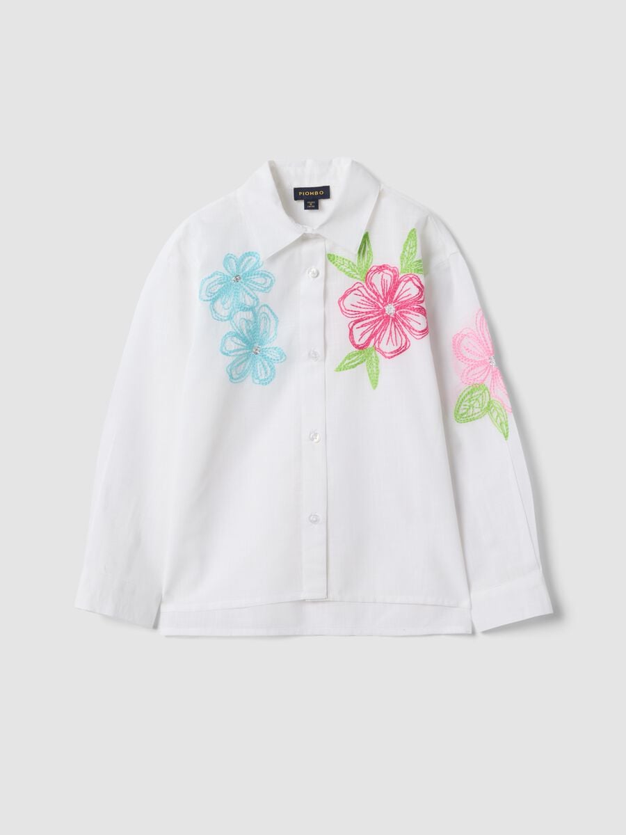 Camicia bianca in puro cotone con ricami floreali regular fit_3
