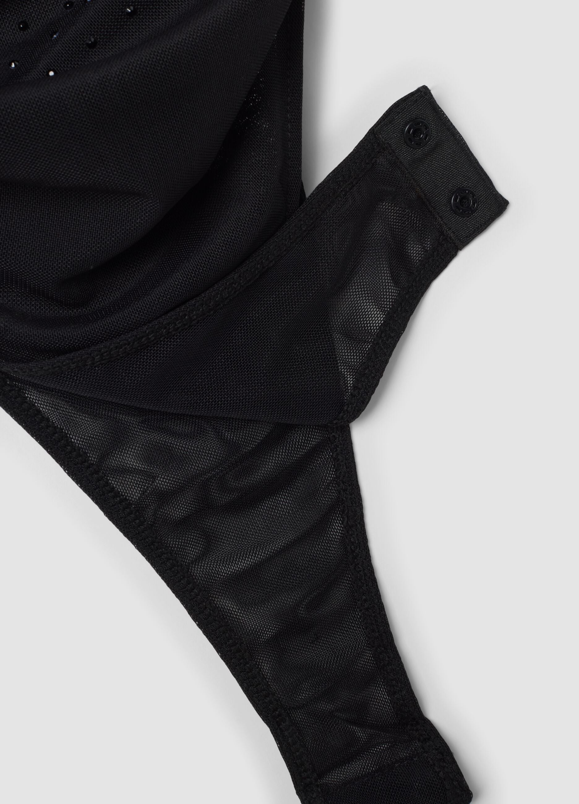 Black stretch-fabric bodysuit with boat neckline
