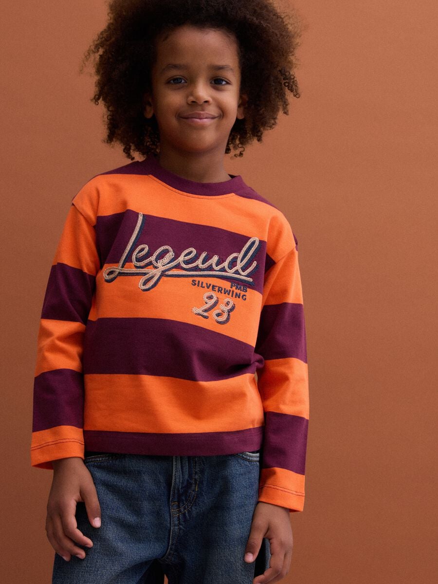 Orange striped pure cotton crew-neck T-shirt_0
