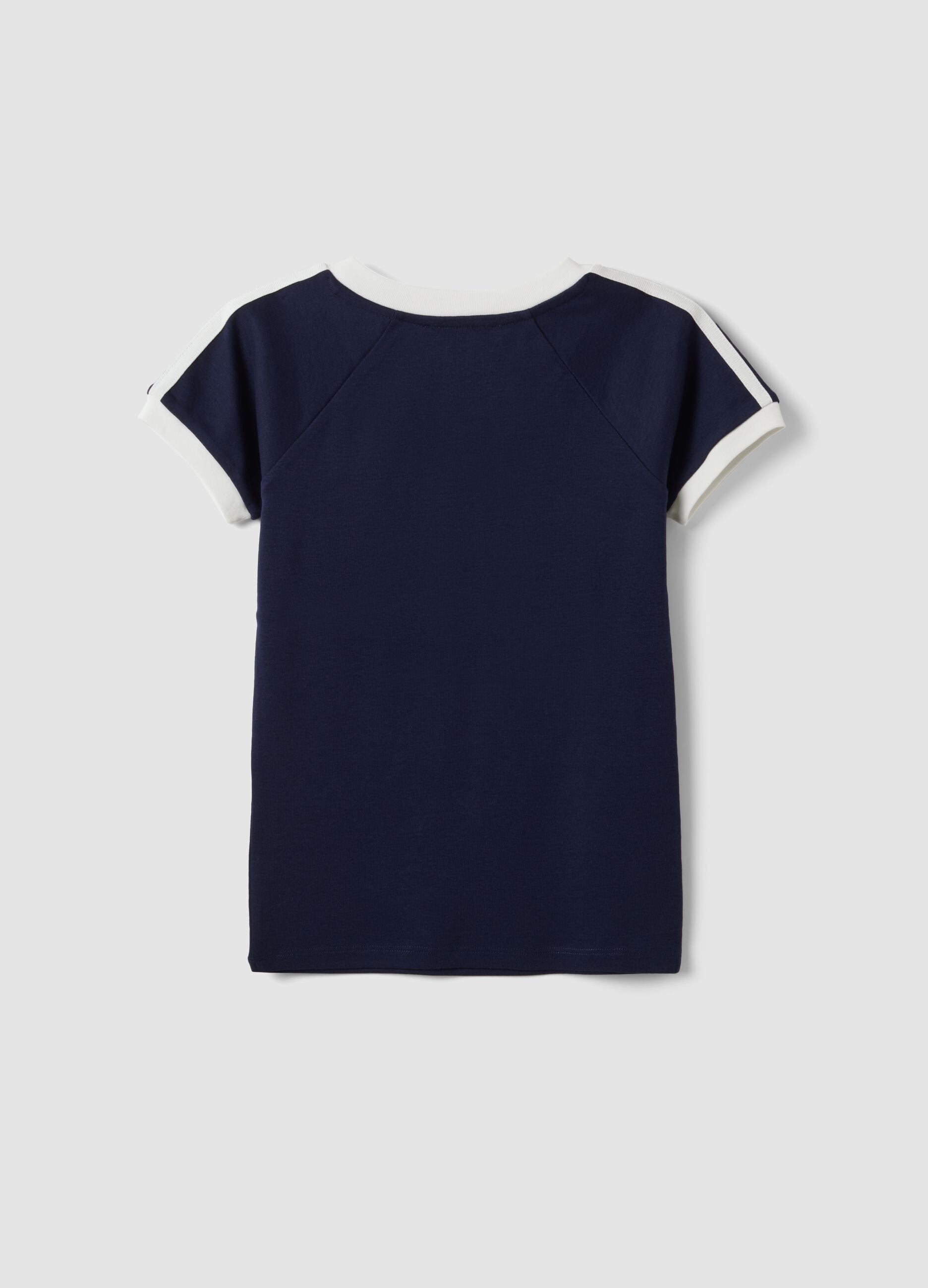T-shirt blu in puro cotone con scollo a V e stampa frontale