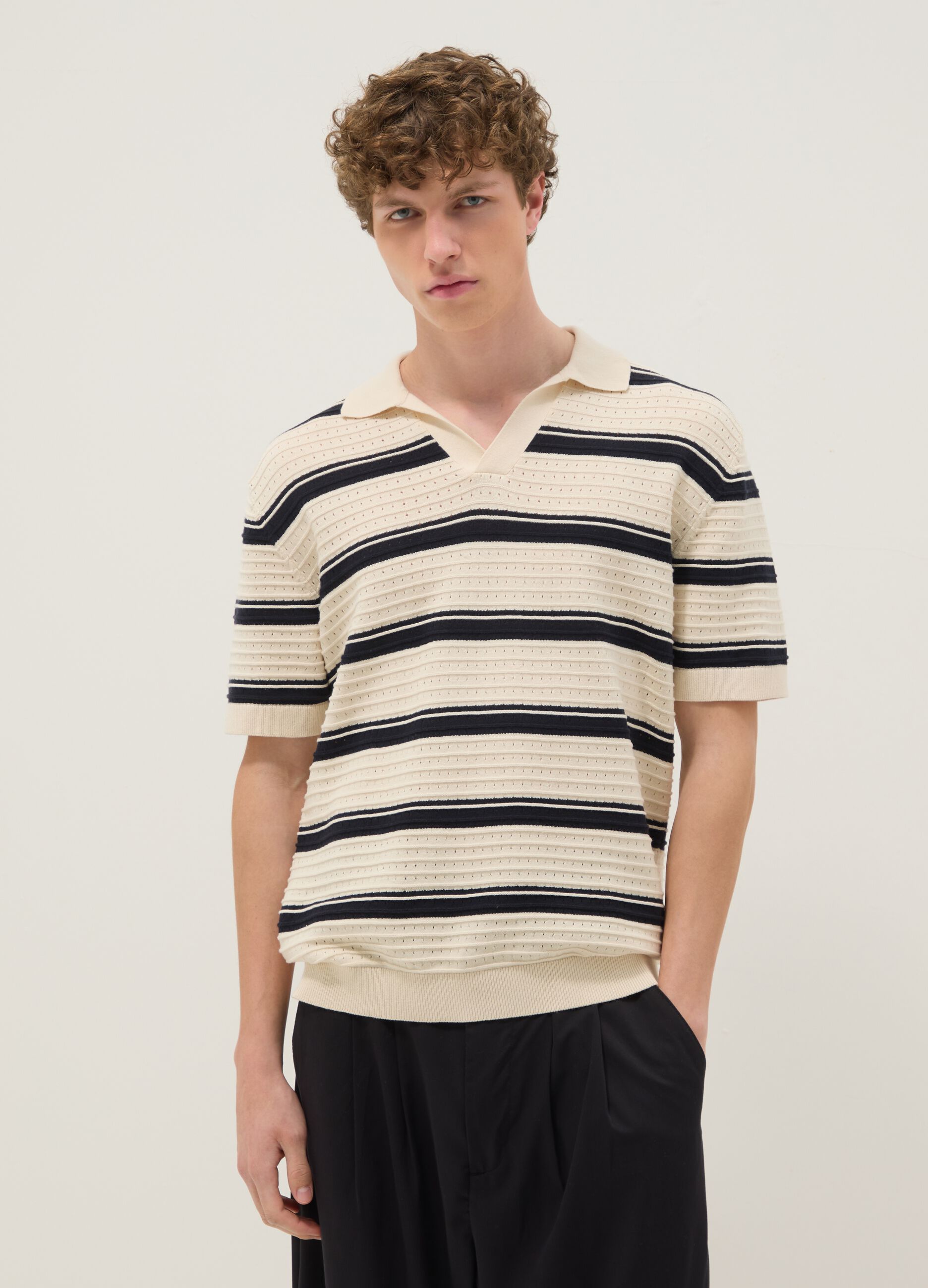 Beige striped pure cotton polo shirt with classic collar, oversized fit