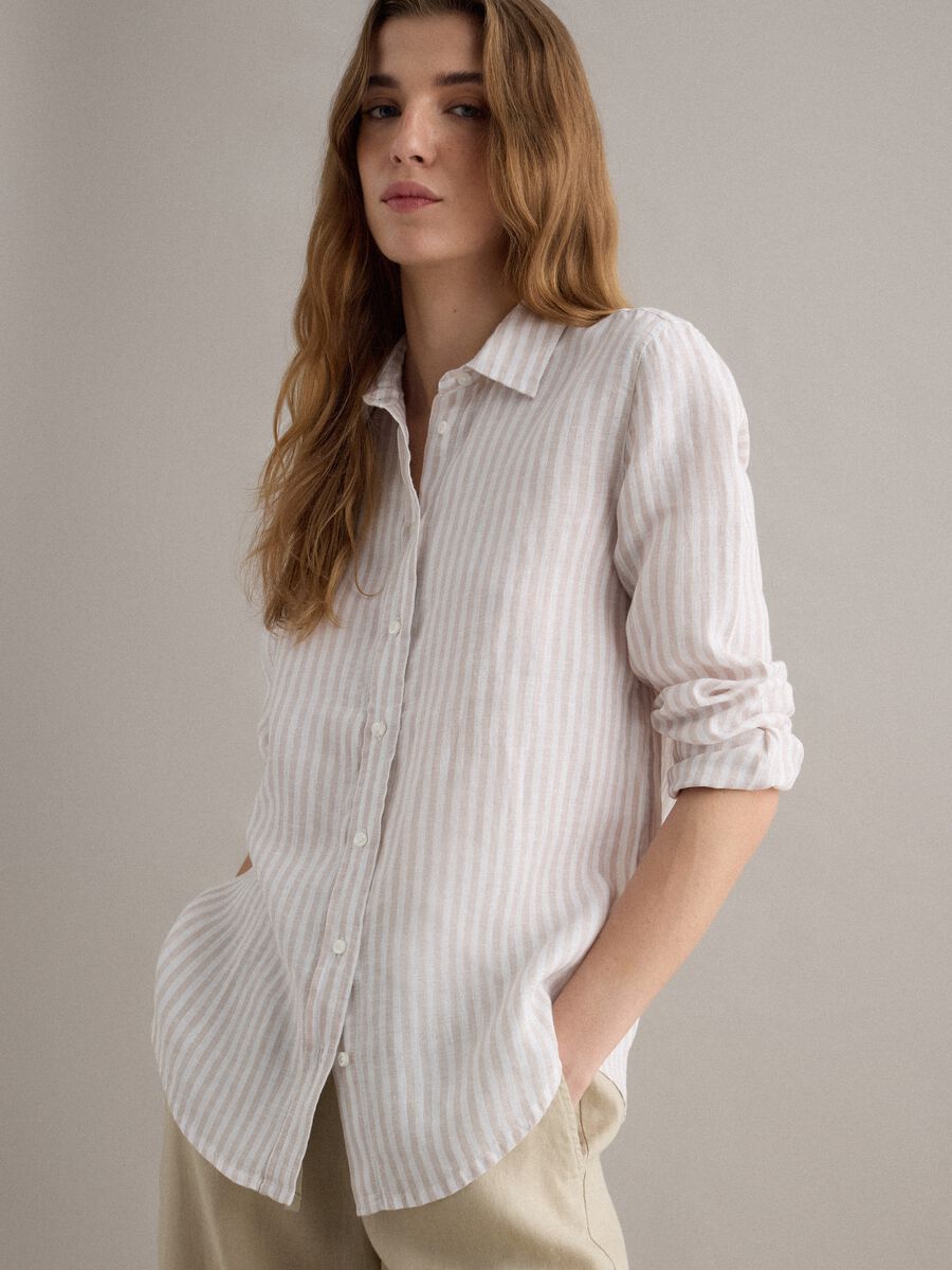 Camicia in puro lino a  righe bianche e beige regular fit_0