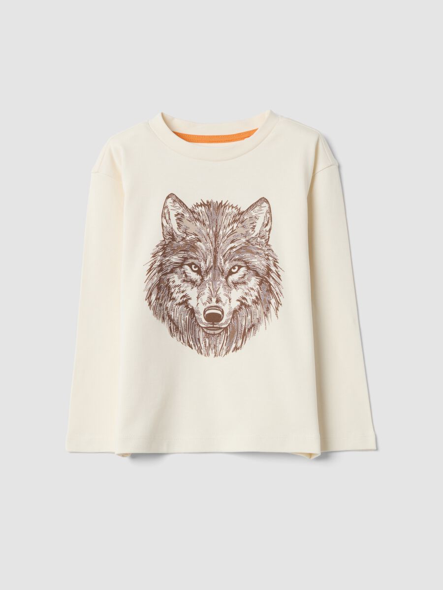 T-shirt bianca in puro cotone con girocollo e stampa lupo over fit_0