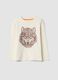 T-shirt bianca in puro cotone con girocollo e stampa lupo over fit_0