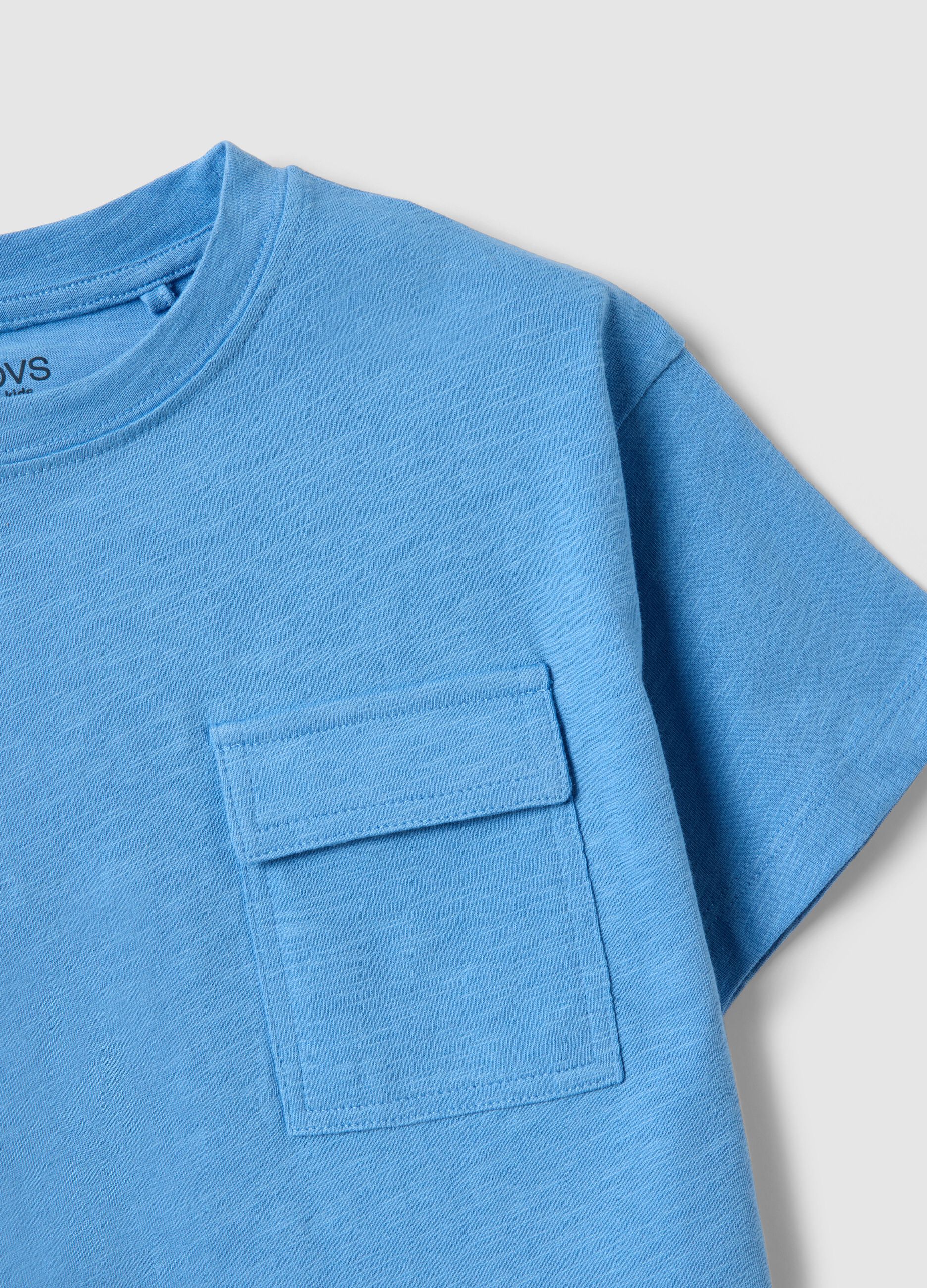 Children's sky blue pure cotton T-shirt, regular fit with pocket