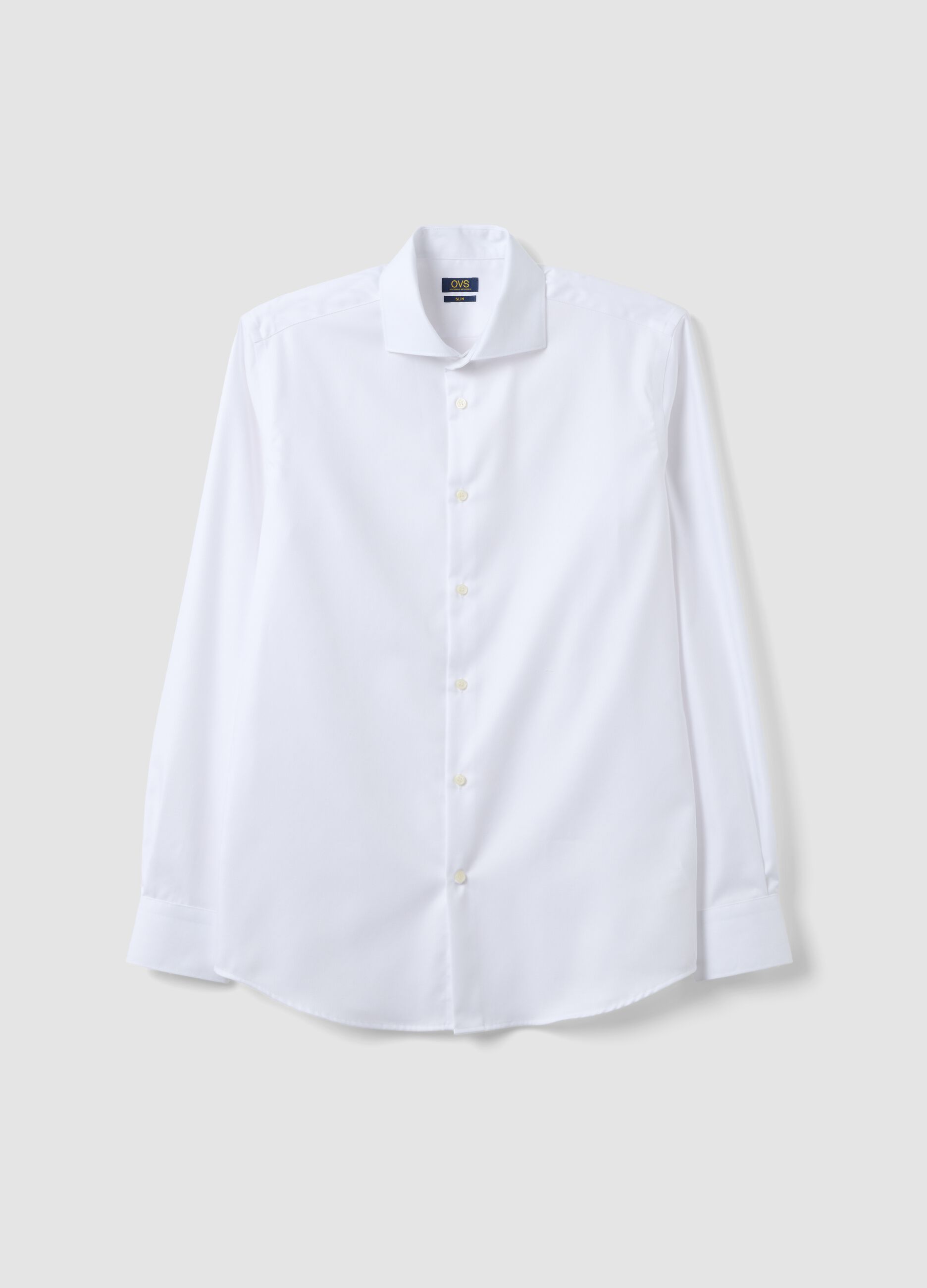 White slim-fit pure cotton twill shirt with French collar, non-iron