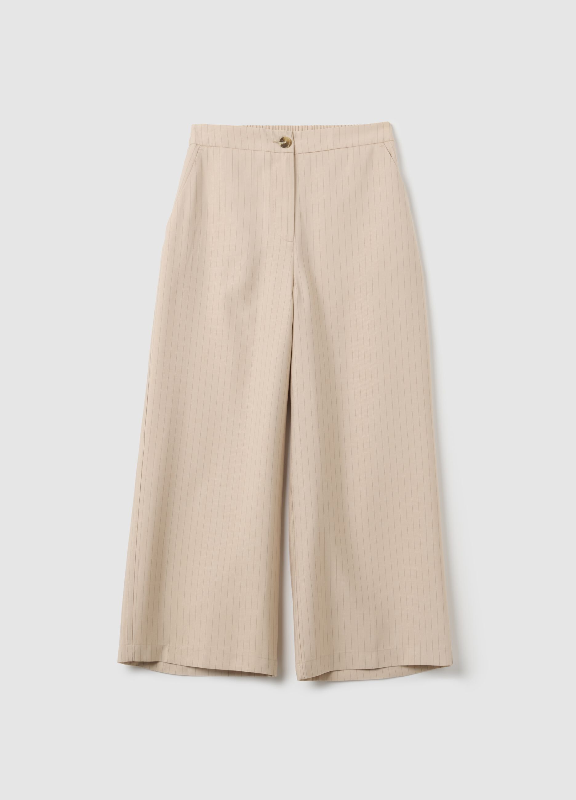 Beige Striped Wide Leg Trousers