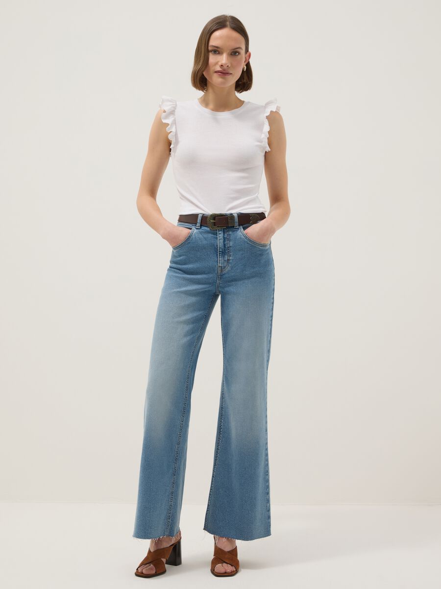 White pure cotton slim fit T-shirt with ruffles_1