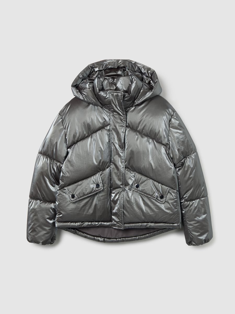 Grey padded regular fit girl's jacket with hood and zip_0