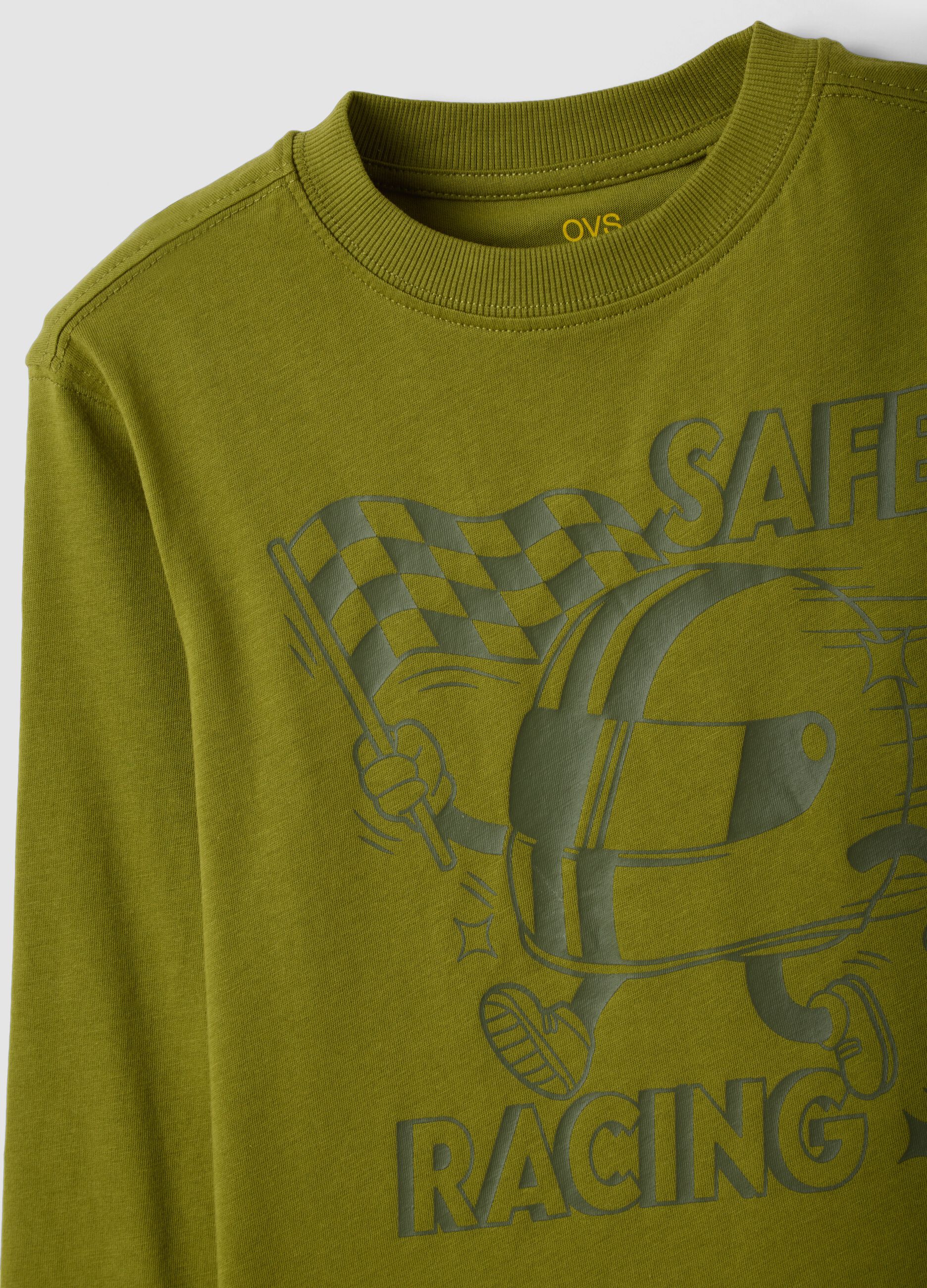Green oversized T-shirt in pure organic cotton with racing print for boys