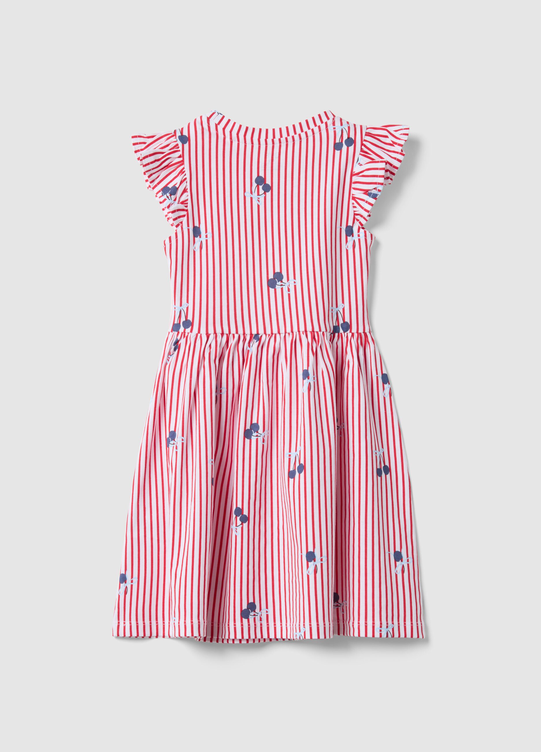 Red striped pure cotton dress with ruffles and prints for girls