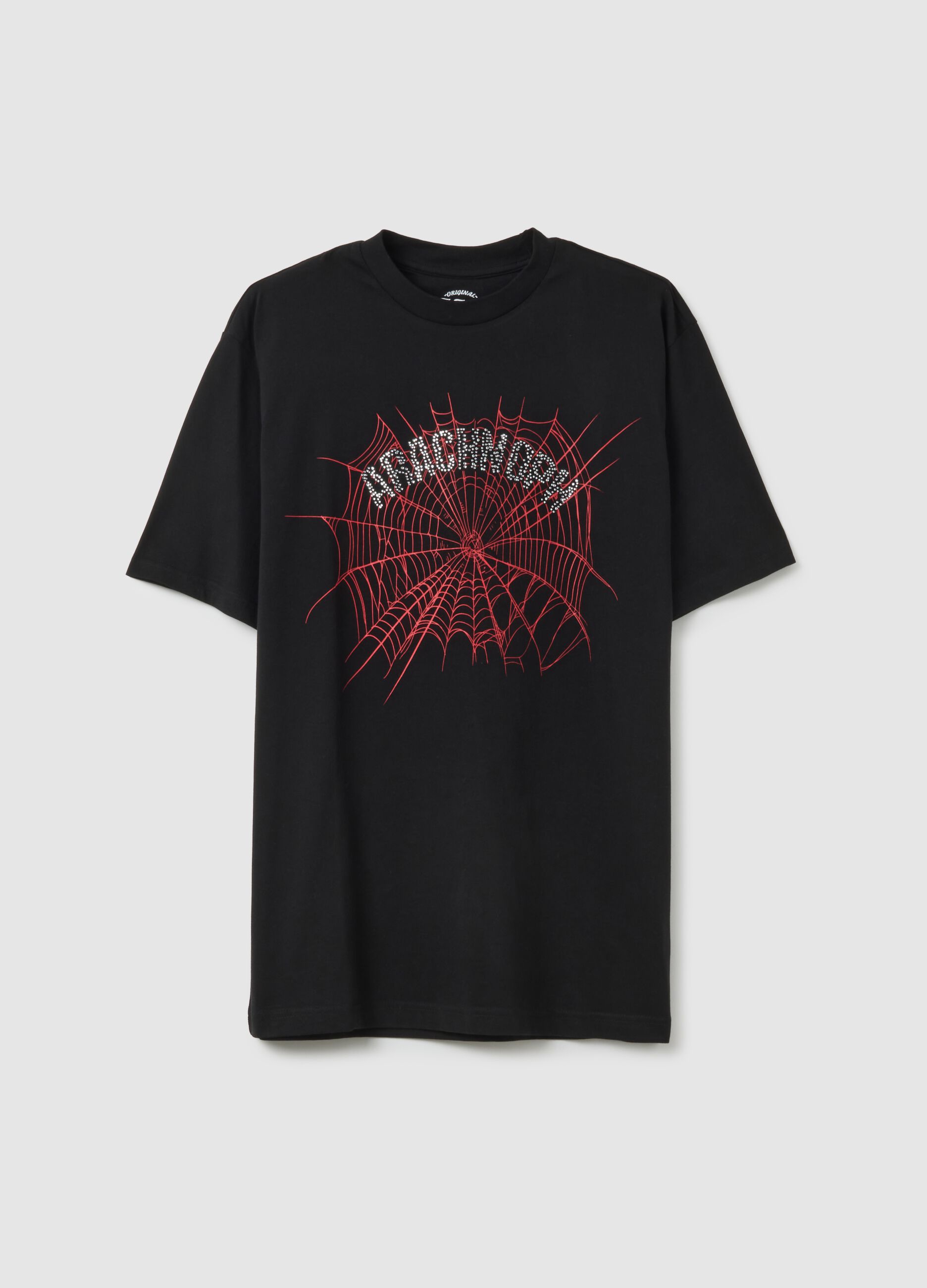 Pure black cotton t-shirt with spider print
