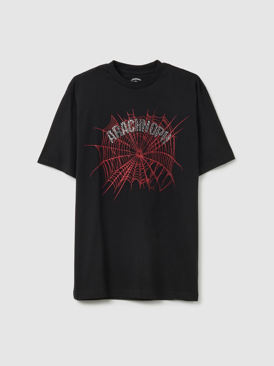 Pure black cotton t-shirt with spider print_0