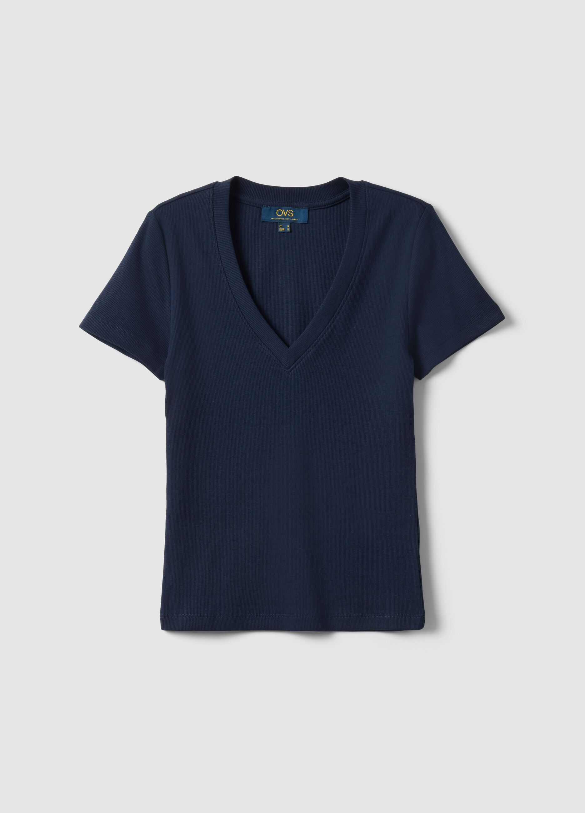 Blue stretch cotton T-shirt with deep V-neck regular fit