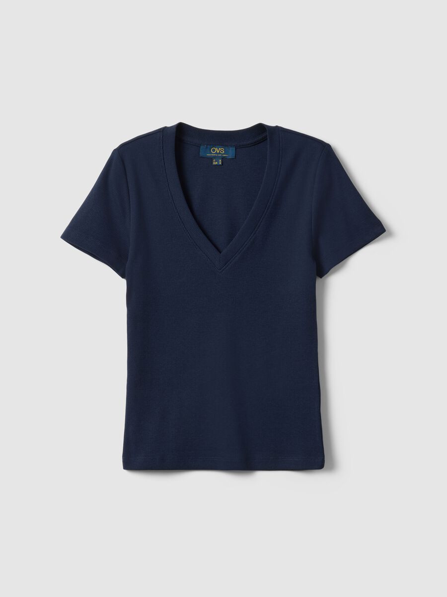 T-shirt in cotone elasticizzato blu regular fit deep V_0