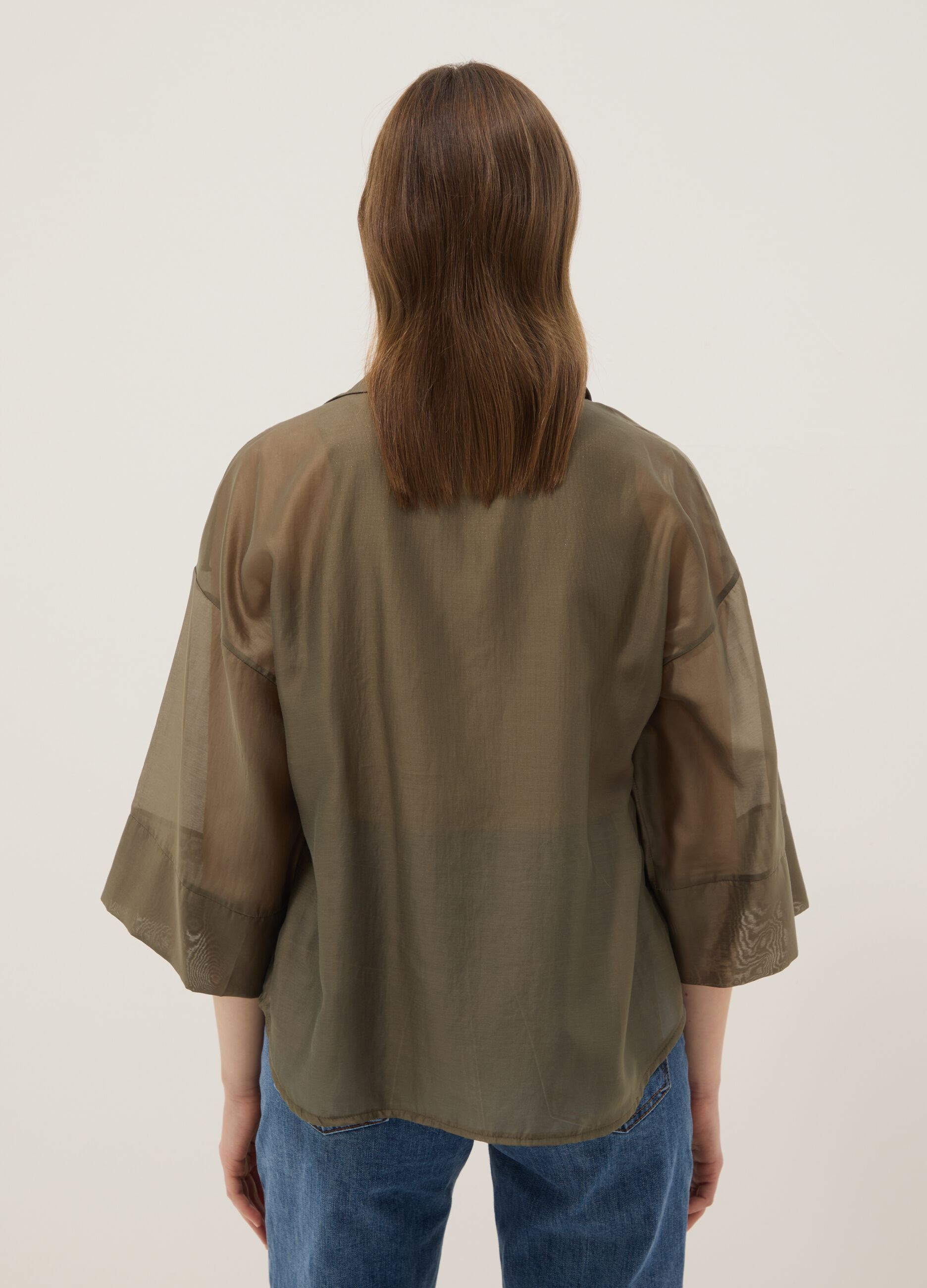 Green long-sleeve viscose-blend blouse, regular fit