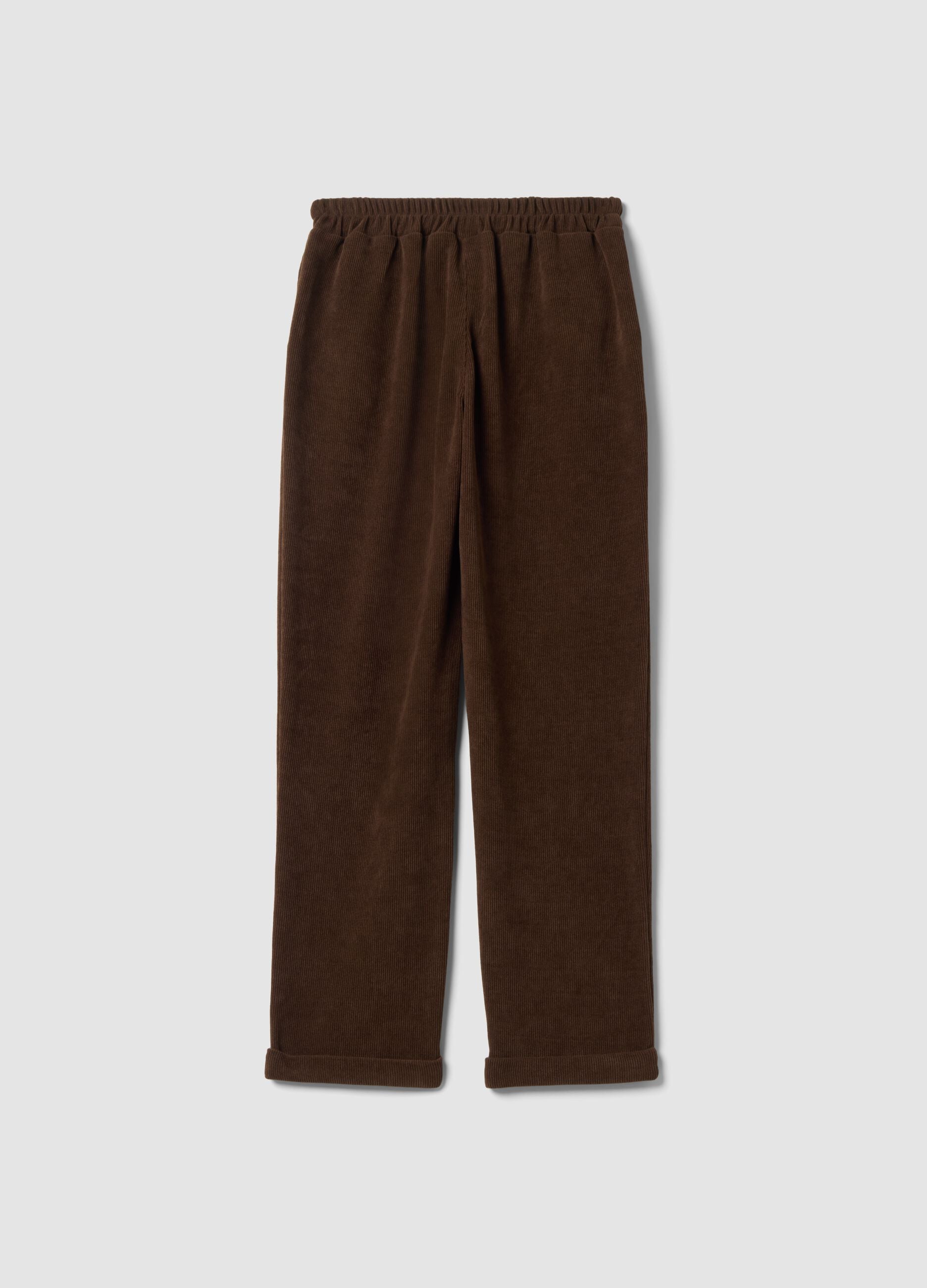 Dark brown ribbed stretch-fabric regular-fit trousers