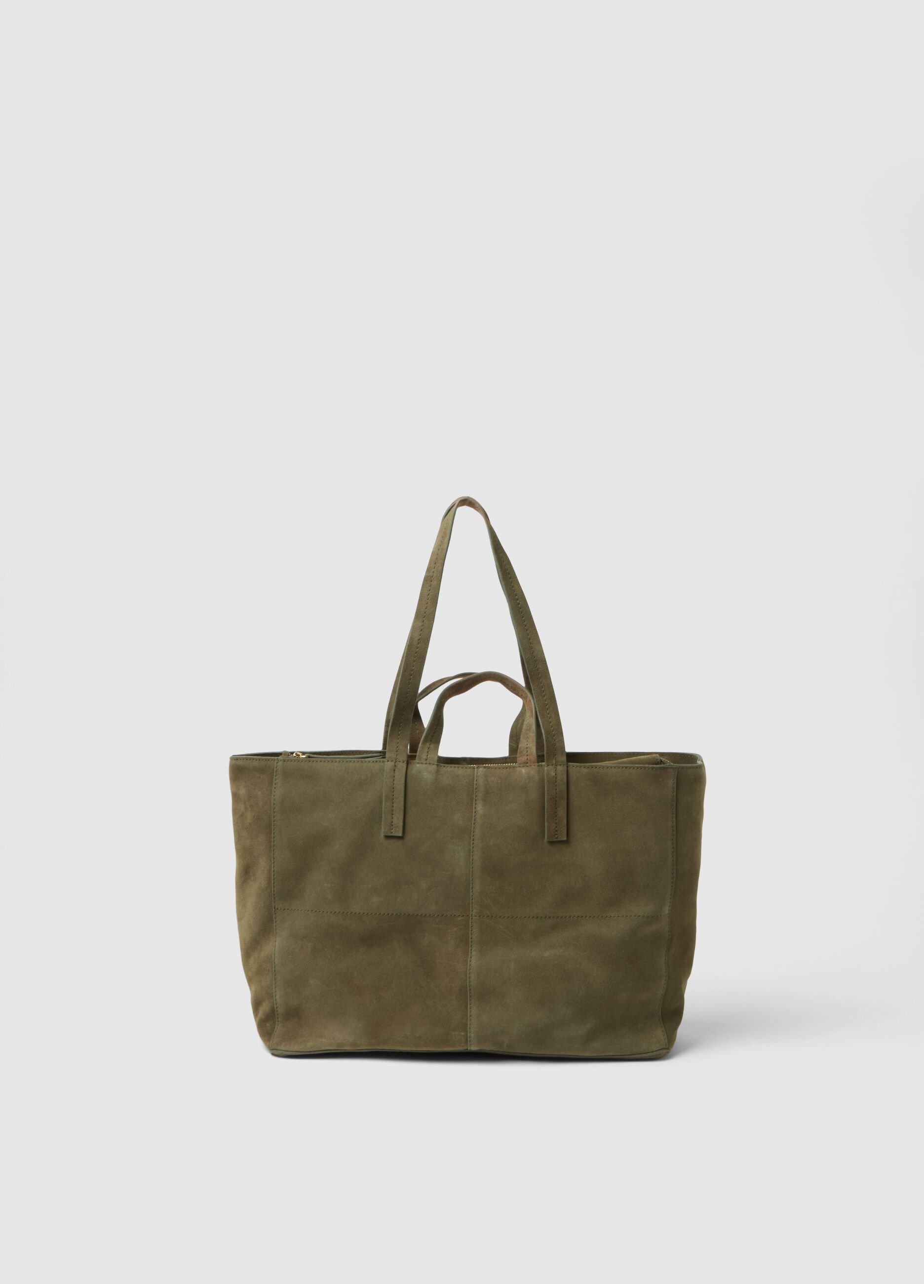 Green Genuine Leather Shopper with Zip Closure