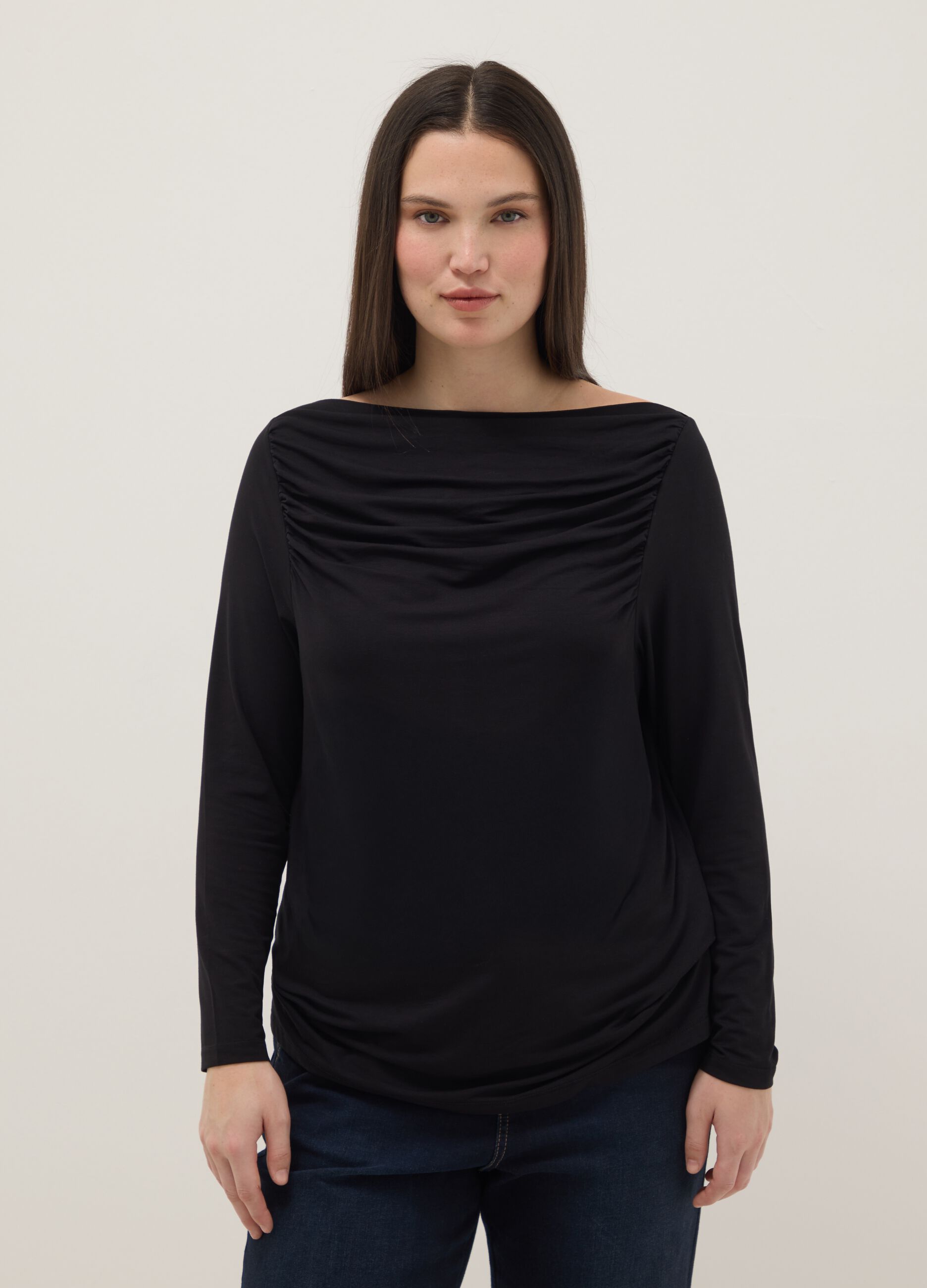 Black stretch viscose long sleeve top with boat neckline and regular fit