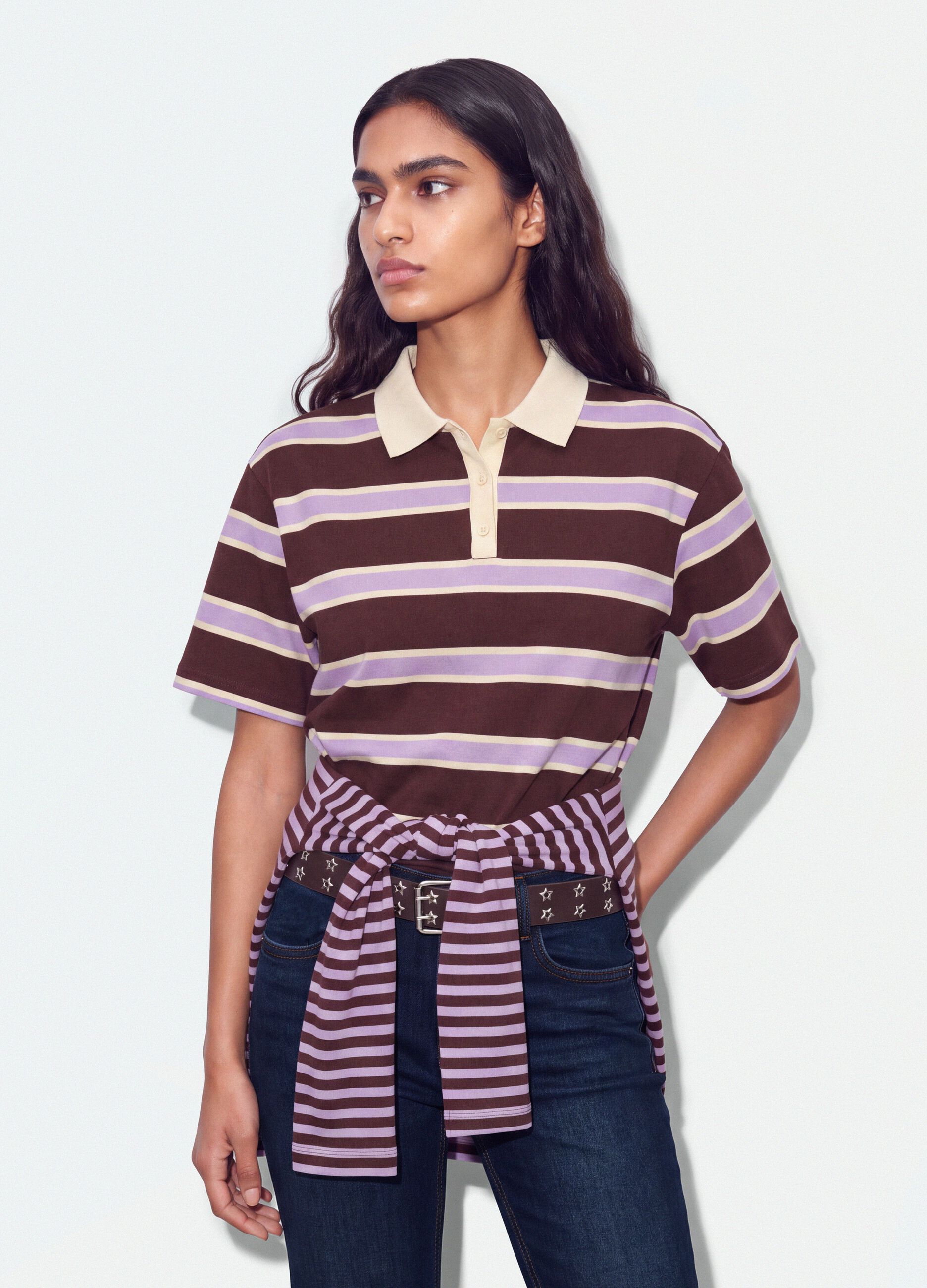 Brown striped pure cotton oversized polo shirt